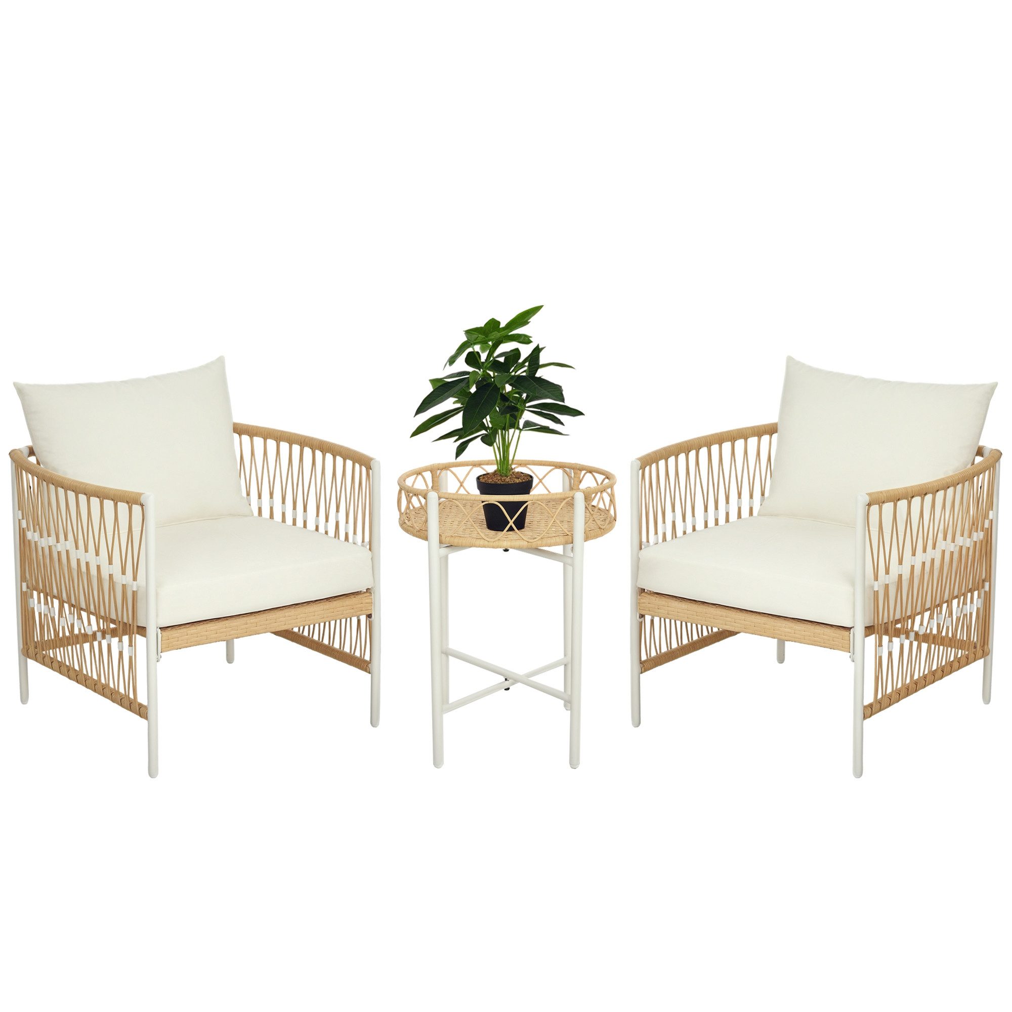 Outsunny Gartenlounge-Set Rattan Gartenmöbel-Set Gartengarnitur mit 2 Gartenstühle, Couchtisch, (Sitzgarnitur, 3-tlg., Balkonmöbel-Set), für Balkon, Terrasse, Gelb+Creme