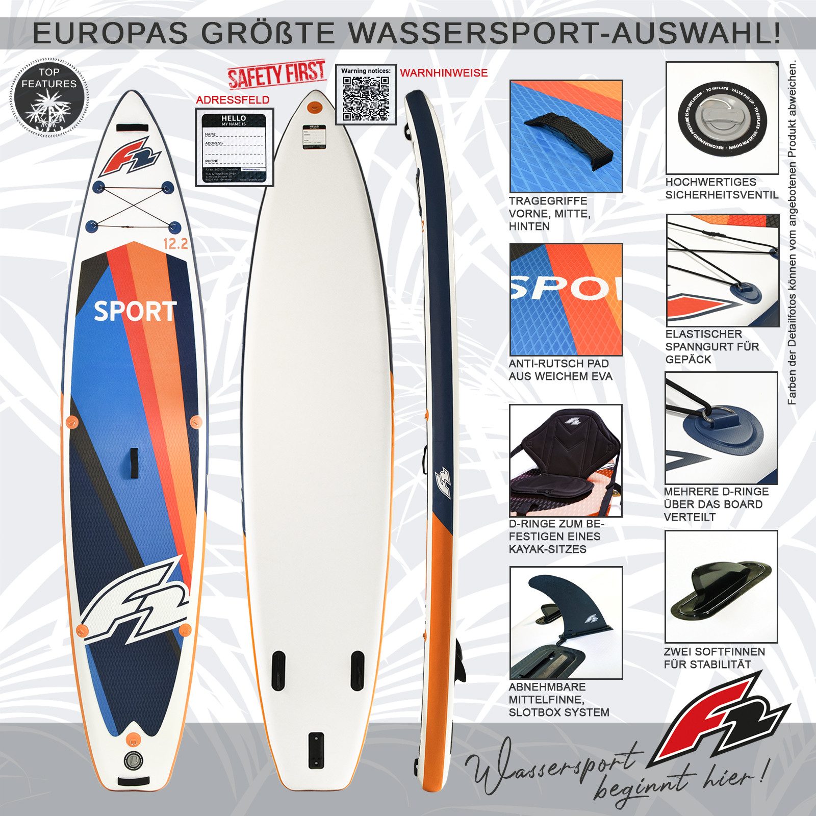 F2 SUP-Board F2 Marken Stand Up Paddle Board Sport Touring SUP Board Only 12'2 Leic, Aufblasbar
