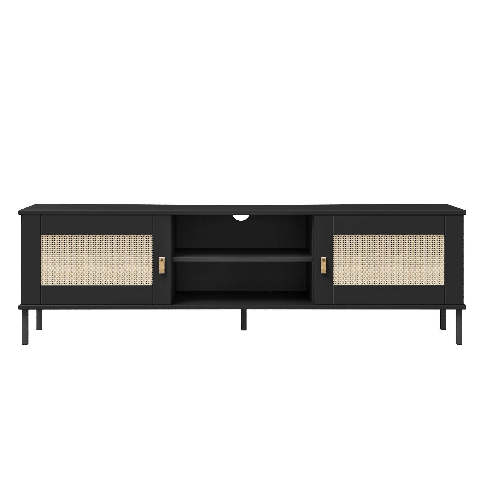 Woodroom TV-Board Modernes Lowboard Valencia, Fernsehschrank aus Kiefer, schwarz, 158x47x40cm