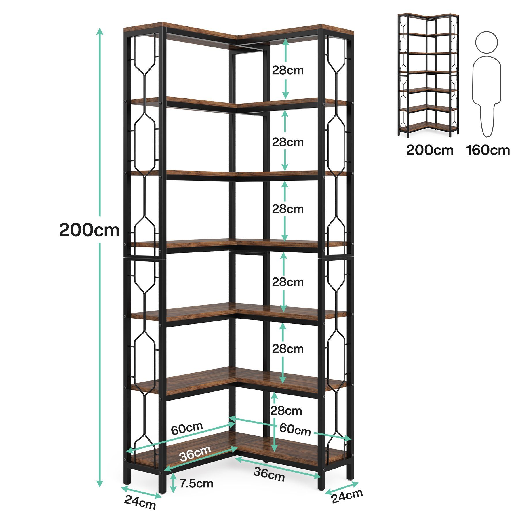Bücherregal Tribesigns Eckregal Industrielles 7-stöckiges Tribesigns Eck-Bücherregal,