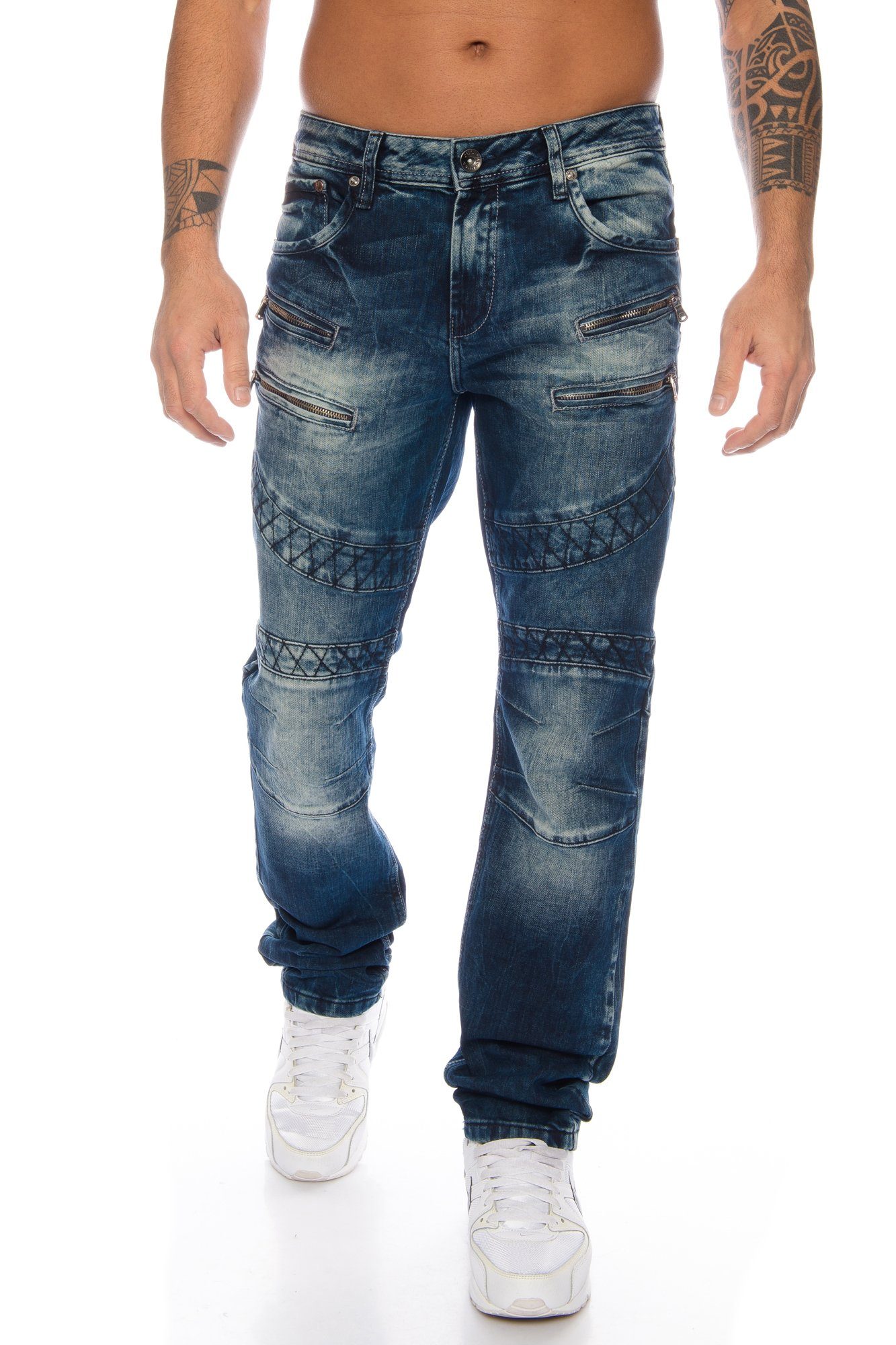 dicken mit Regular-fit-Jeans Vorderseite Baxx Nähten Nahtdesign Cipo Jeanshose der & mit Herren extravagantem Hose designt, Jeans auf Zierreißverschlüsse