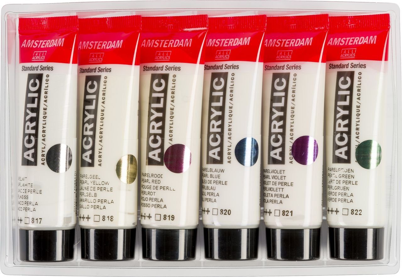Talens Kreativset AMSTERDAM Acrylfarbe Perlmutt (Pearl) - 6 x 20 ml, (6er-Set, Perlweiß, Perlgelb, Perlrot, Perlblau, Perlviolett, Perlgrün)