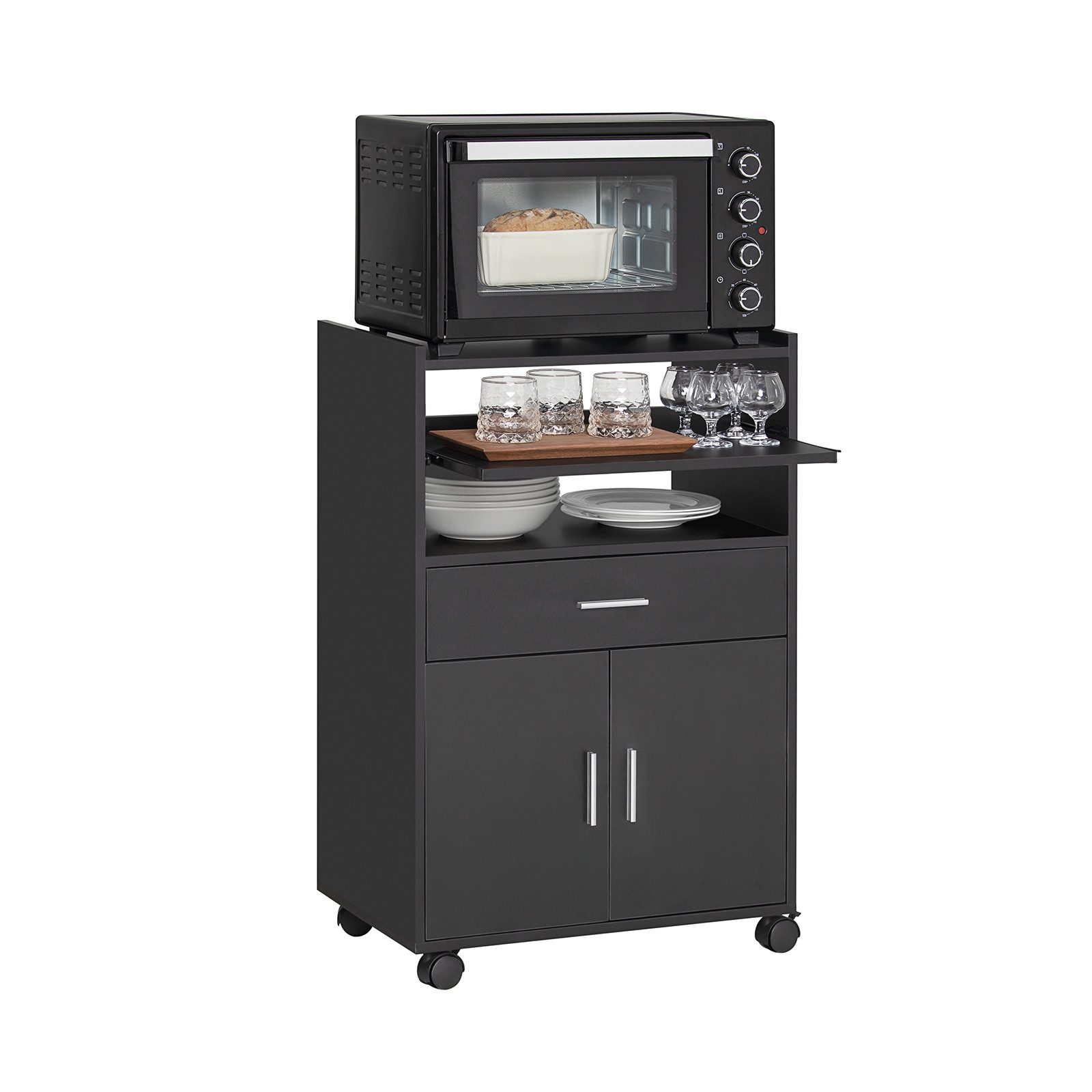 SoBuy Küchenwagen FSB09, Servierwagen mit Arbeitsplatte Aufbewahrungsschrank, Küchenschrank Rollschrank Mikrowellenschrank mit Ablagen und 2 Türen