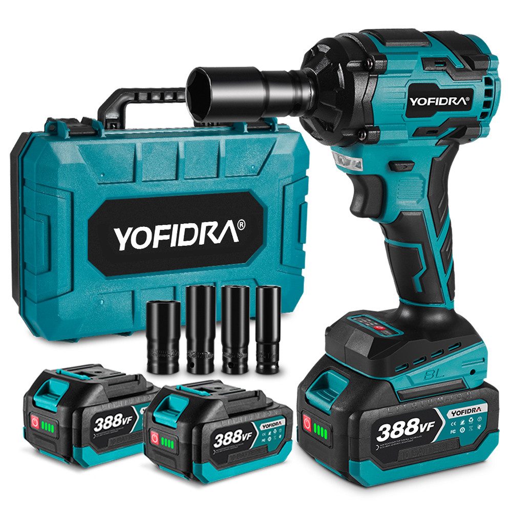 Yofidra Akku-Schlagschrauber 800 Nm Bürstenloser Motor schlagschrauber, 4500 U/min, 800 Nm, mit 2 Akkus und 4 Schlagbuchsen, für Haus und Auto