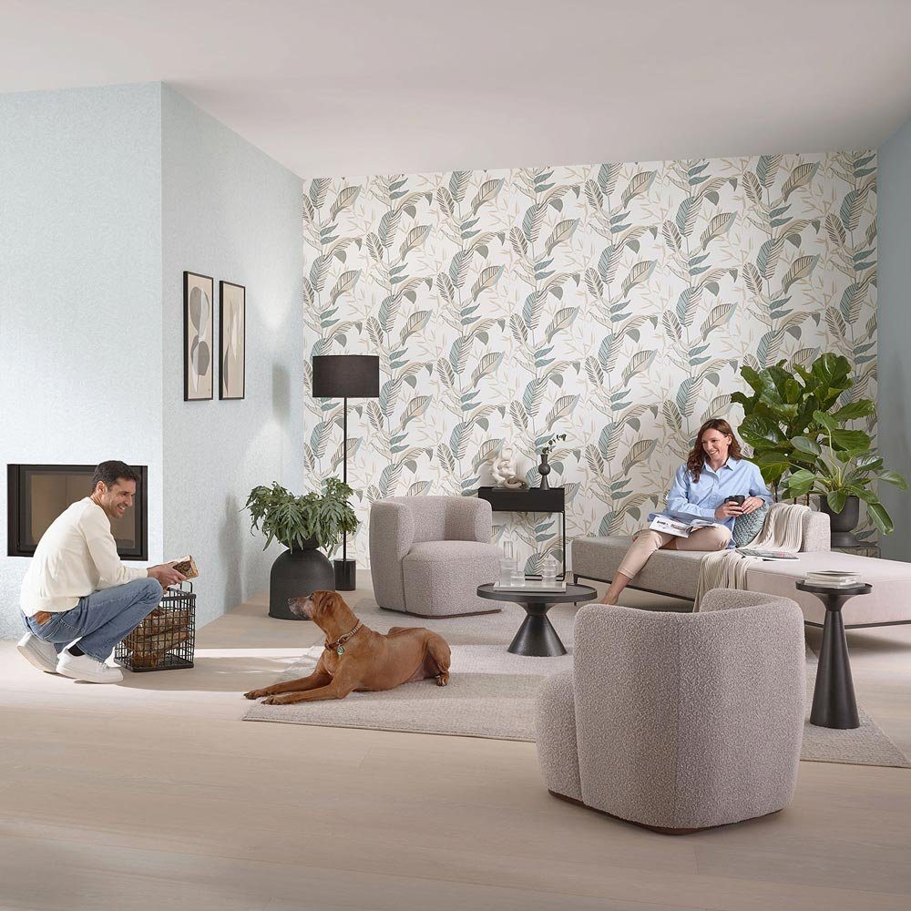 Erismann Vliestapete Blätter Weiß Grün Beige Glanz Elle Decoration 10332-07