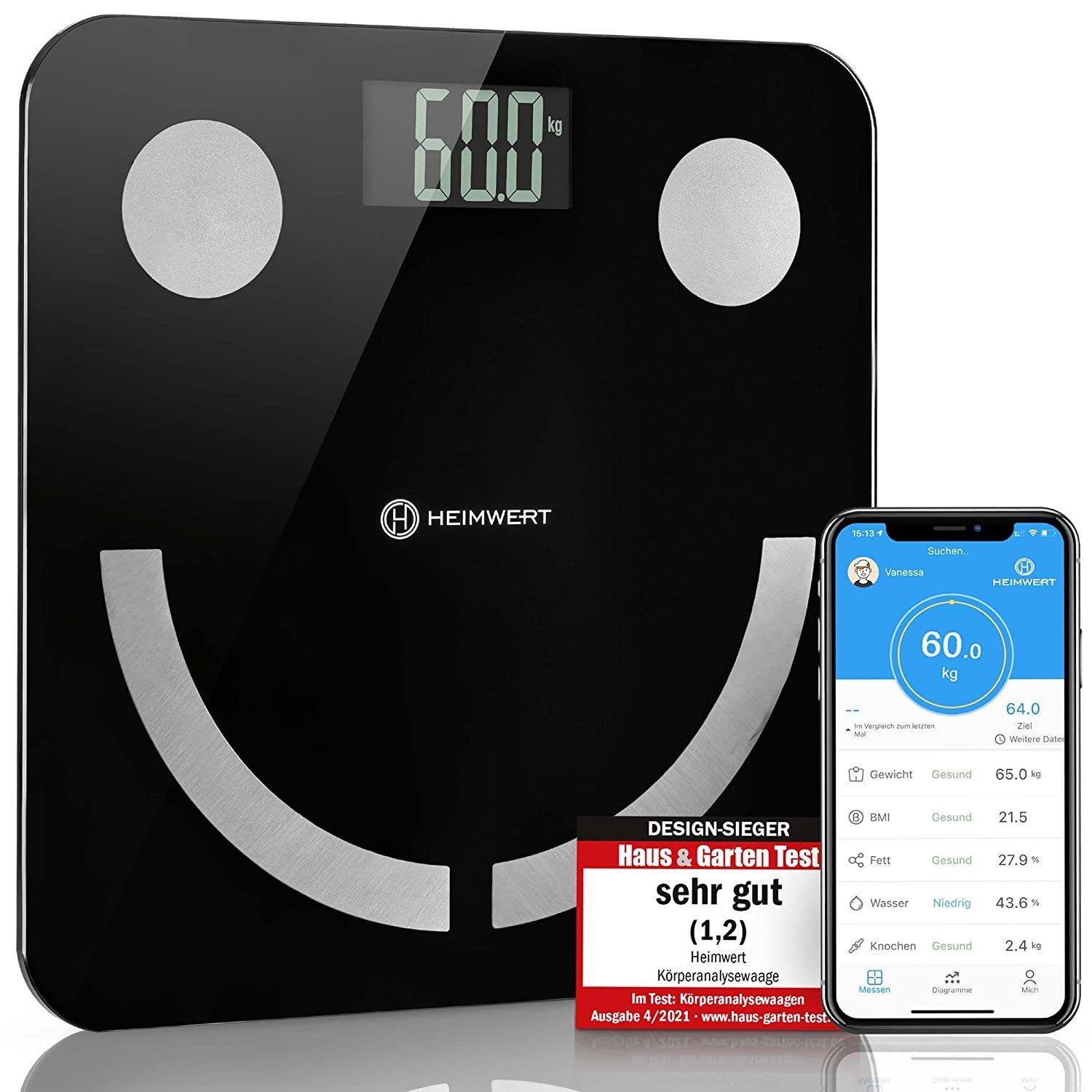HEIMWERT Körper-Analyse-Waage Personenwaage Körperfett digital, wiederaufladbarer USB Akku, Testsieger Design Waage mit Bluetooth APP