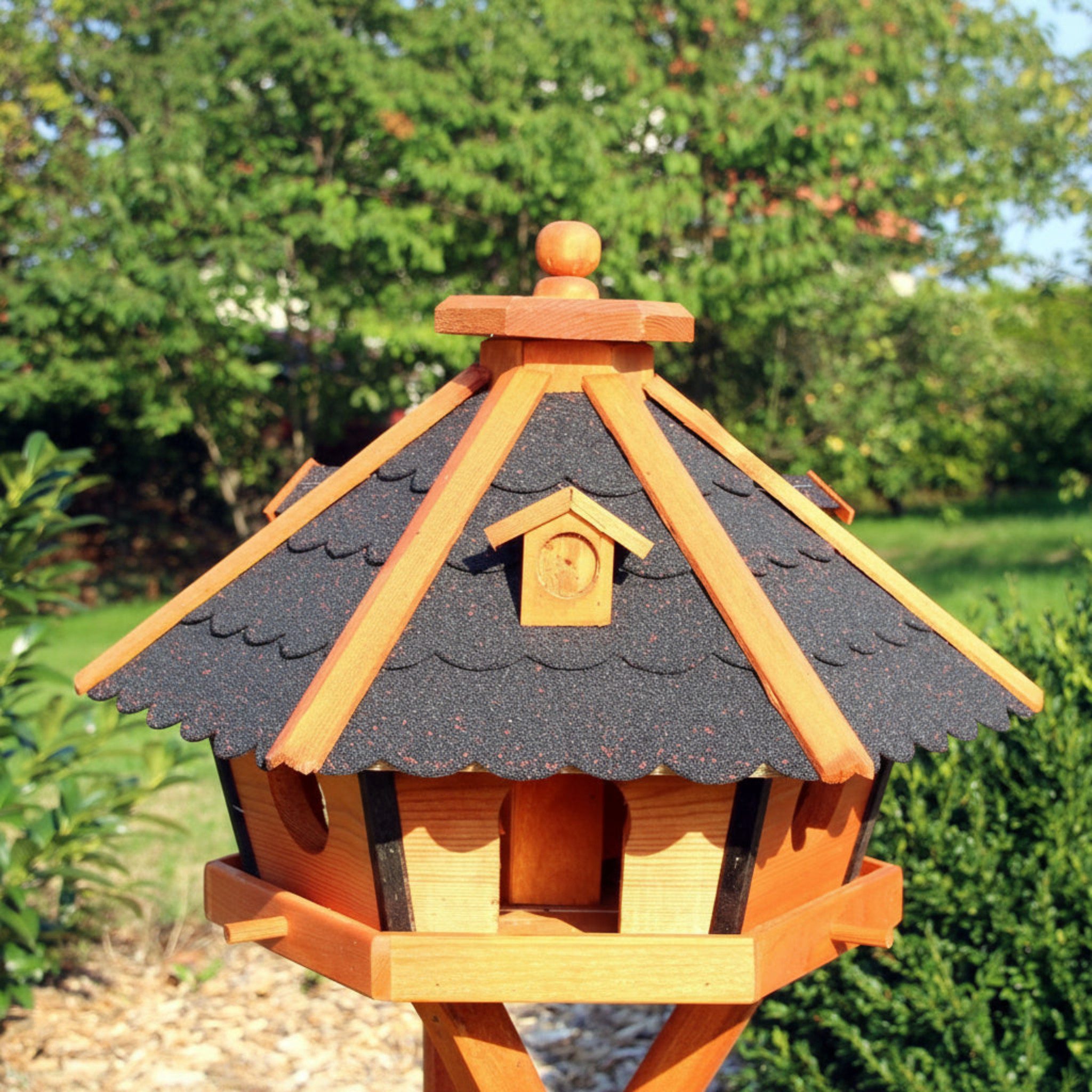 Holzdekoladen Vogelhaus XL Vogelhaus Holz mit Ständer wählbar, 6-eckig & wetterfest