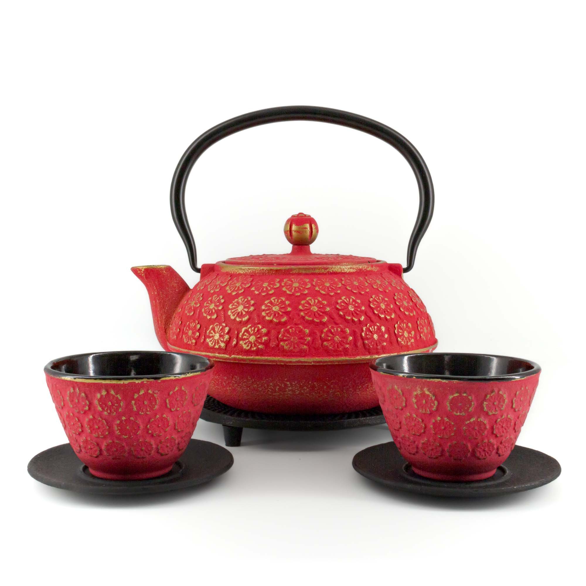 teayumi Teekanne SAKURA Tetsubin Komplett-Set Gusseisenkanne 900 ml Rotgold, 0.9 l, (Komplett-Set, 8-teilig), mit herausnehmbaren Edelstahlsieb, mit Henkel