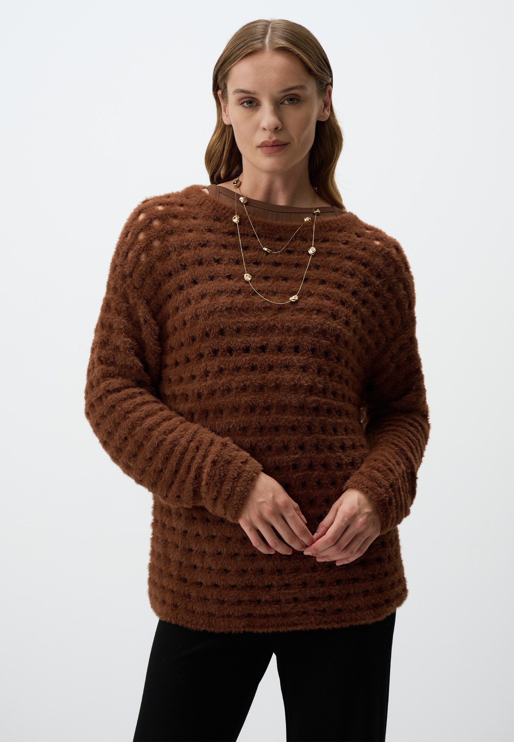 Strickpullover Braun Strukturiert Flauschig Pullover
