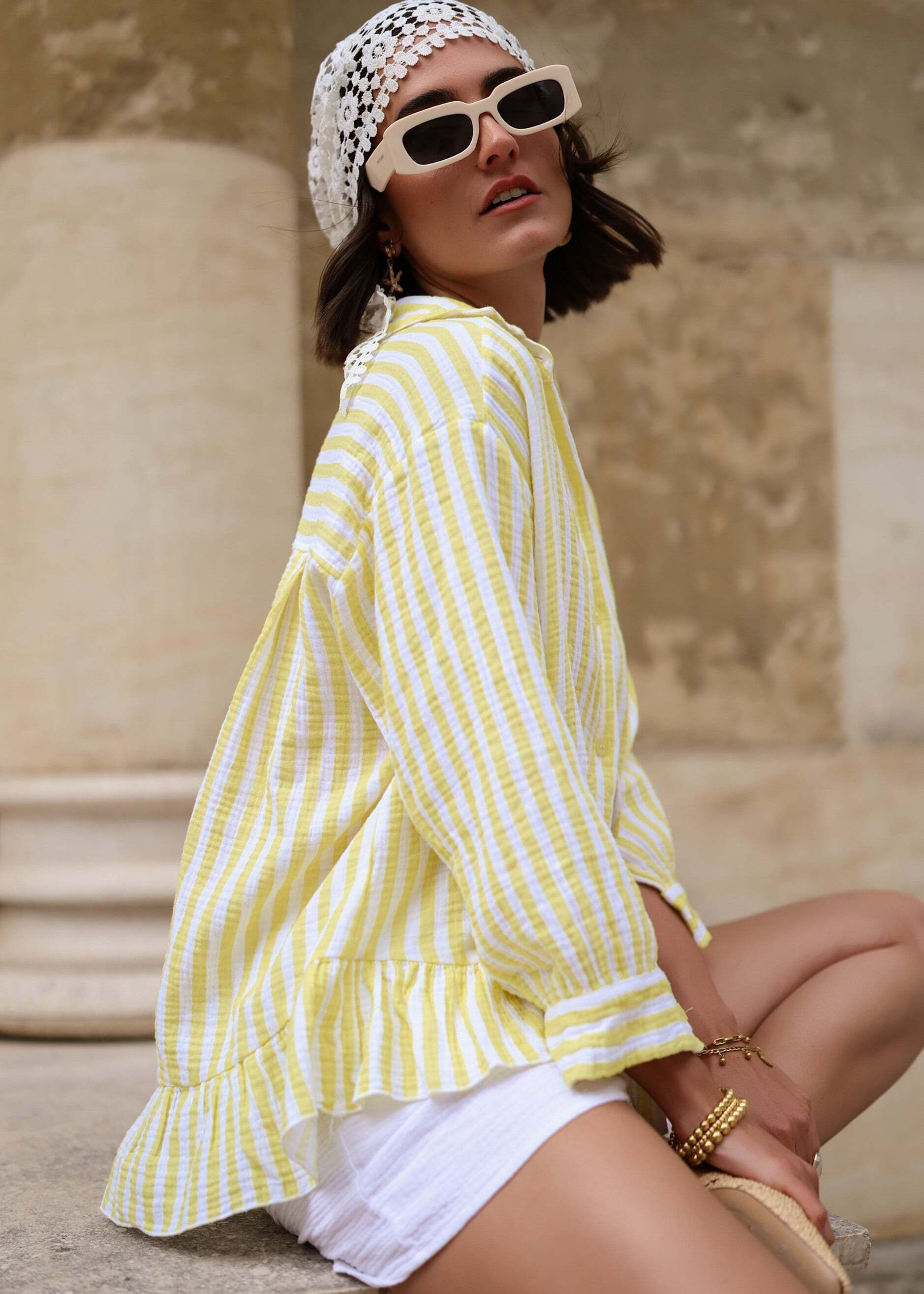 SASSYCLASSY Langarmbluse Gestreifte Musselin Bluse für Damen Oversized Baumwollbluse mit Rüschensaum und 3/4 Ärmel Gelb – Bild 5 von 5