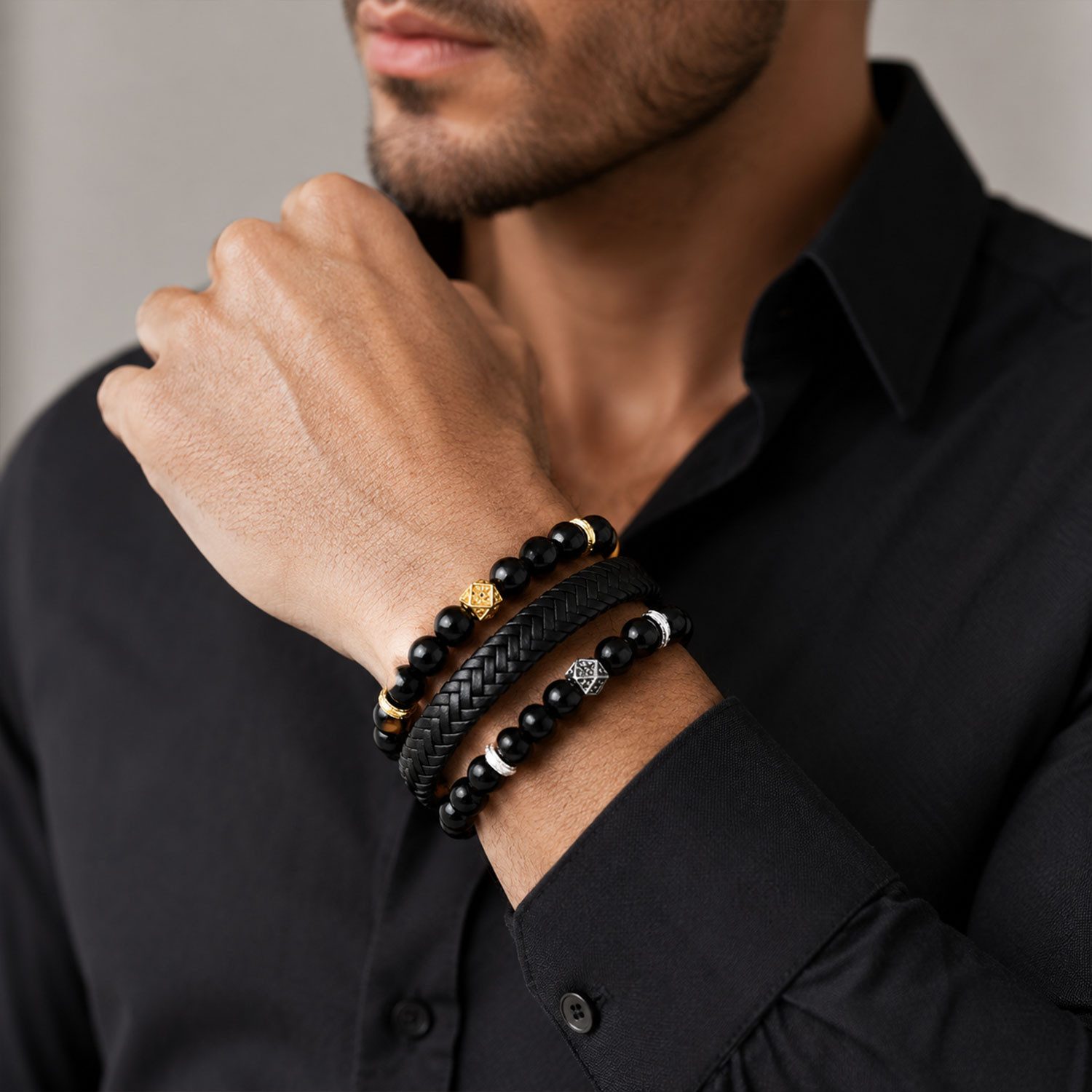 Jungengel Armband Herren Männer Accessoire 3-Teilig Schmuck Set Leder Naturstein Perlen (3-tlg., 3-teiliges Armband-Set), Geschenkbox, Edles Accessoire mit Magnetverschluss, stilvoll verpackt