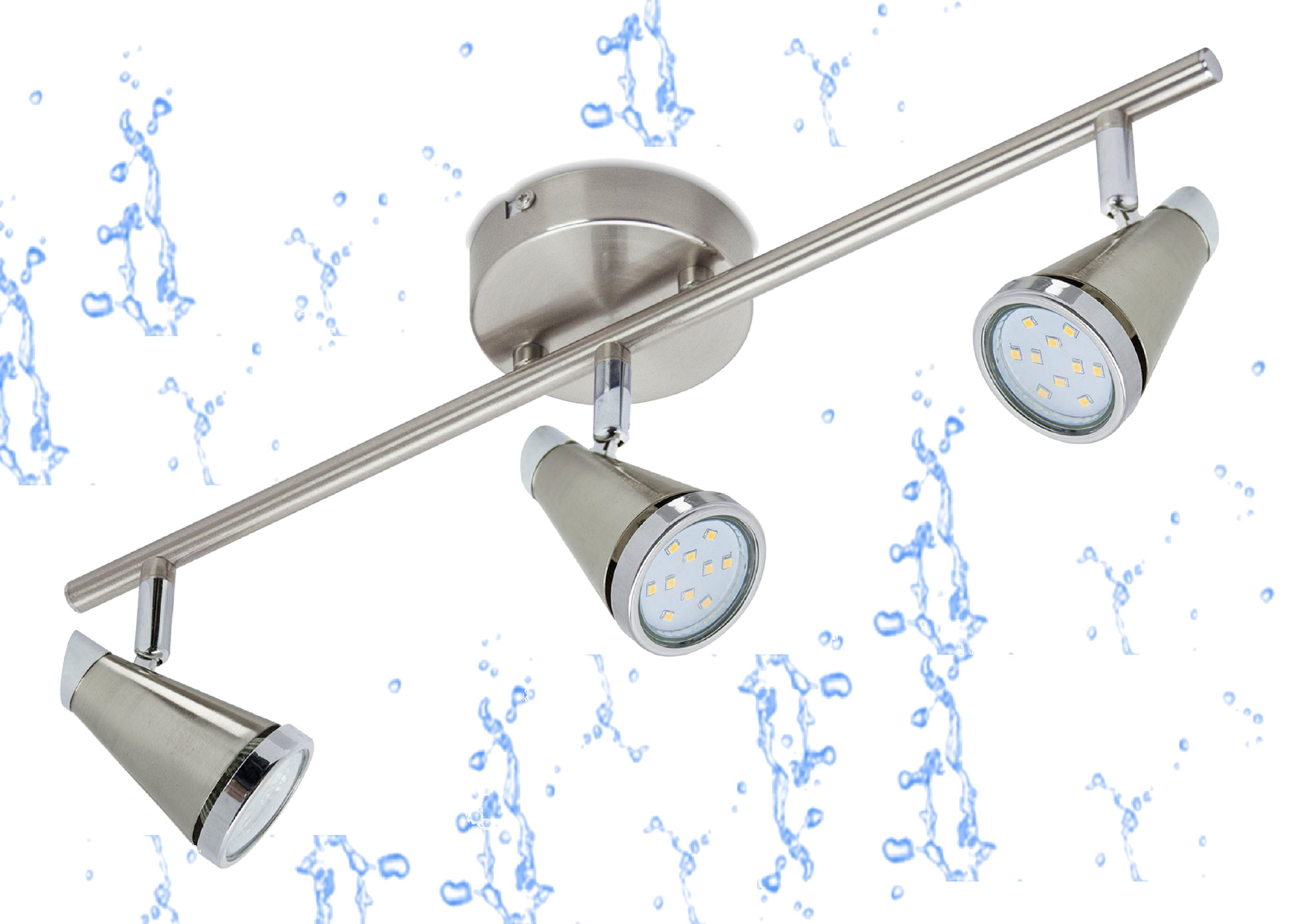 TRANGO LED Deckenleuchte, 3-flammig 1009-32 LED Badleuchte IP44 *WET* Bad Deckenleuchte in Nickel matt & Chrom, Flurlampe, WC Lampe, Deckenlampe, Deckenstrahler, inklusive 3x 5 W GU10 LED Leuchtmittel Spots schwenkbar