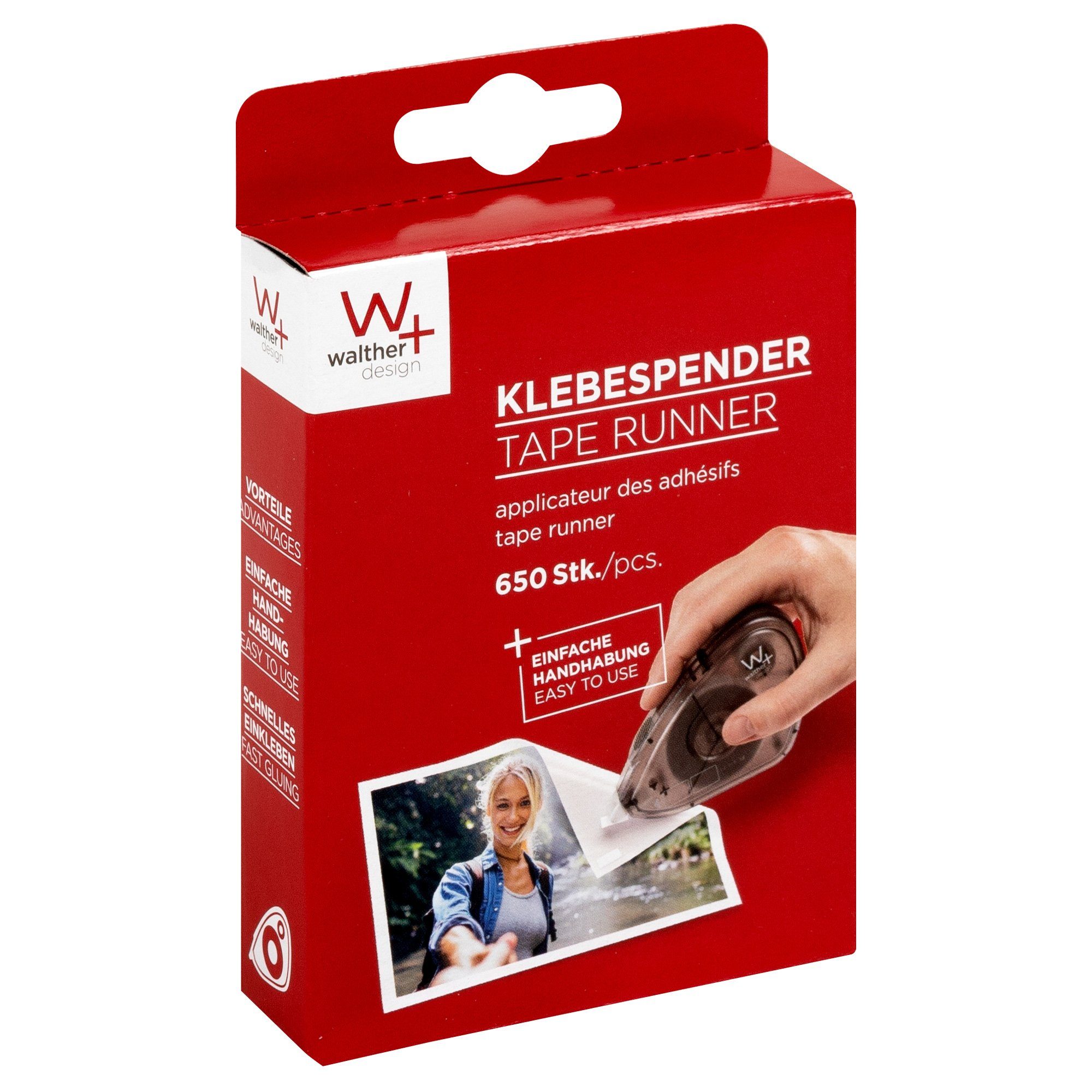 Walther Design Klebstoff Foto-Klebespender FS1000S, (650-tlg), doppelseitig, permanant klebende Fotoklebestückchen, auf Kleberoller
