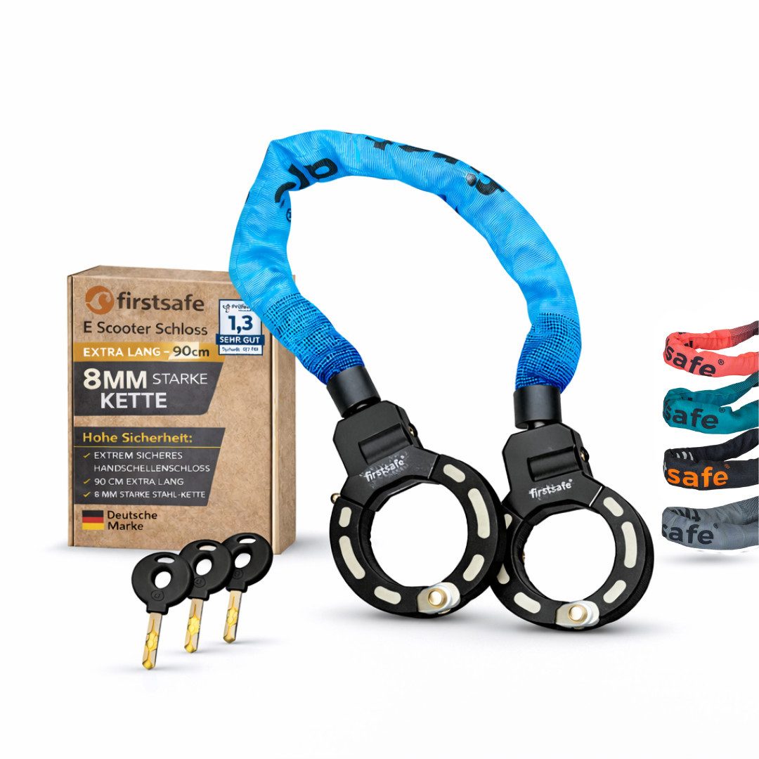 firstsafe Kettenschloss Handschellenschloss für E Scooter Schloss und Fahrrad 90 cm, 360° drehbar, Silikonbeschichtung, 8 mm Stahlkette
