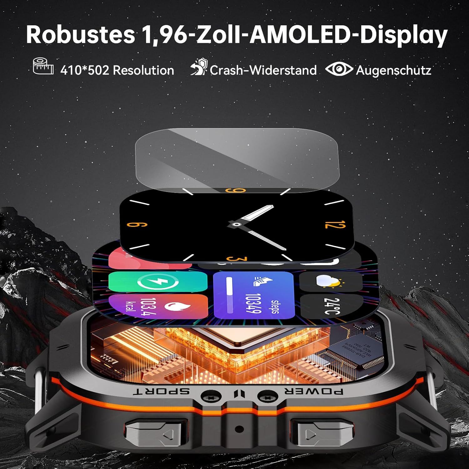 Zevelora Herren's Militär Telefonfunktion 5ATM Wasserdicht Smartwatch (Android/iOS), Mit AMOLED Touchscreen, mit Blutdruckmessung, 120+Sportmodi SPO2/Schlafmonitor/Schrittzähler