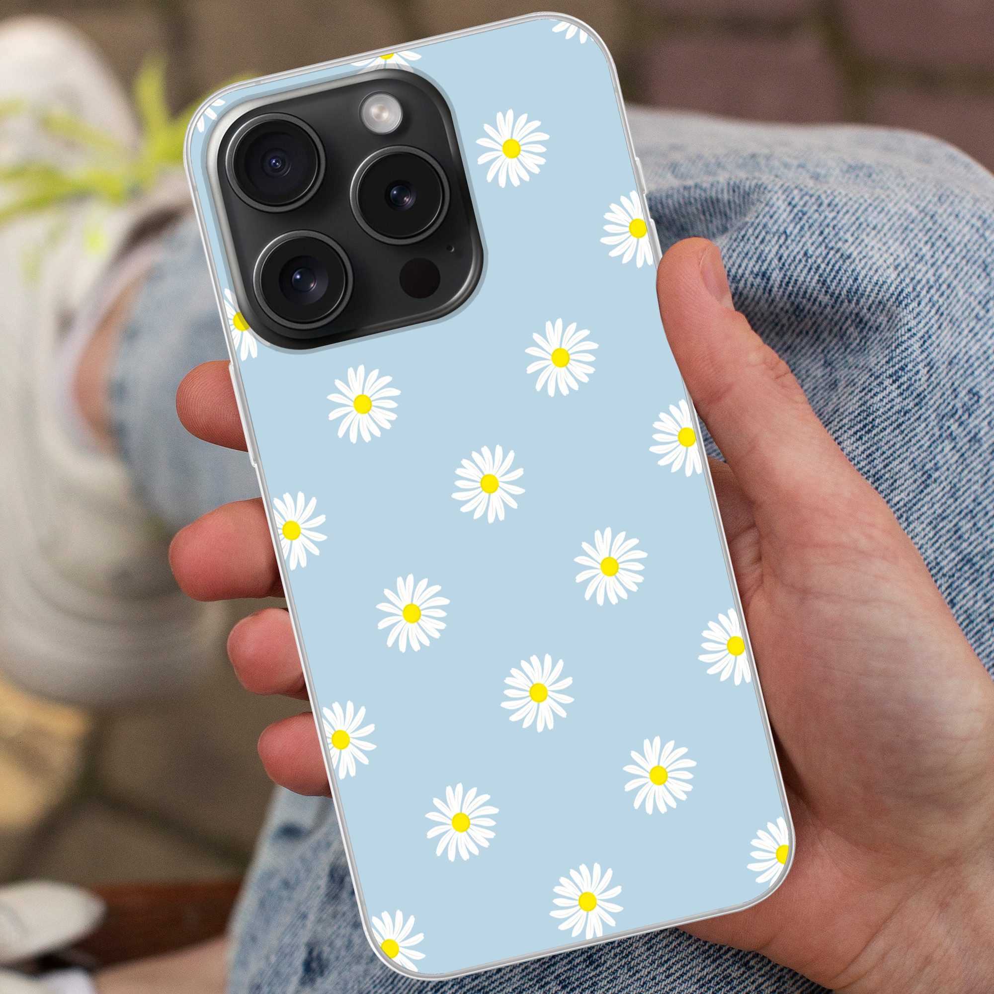 MuchoWow Handyhülle für Apple iPhone 15 Pro Gänseblümchen - Pastell - Weiß - Blau - Blumen, Smartphone-Bumper, Print, Handy Schutzhülle Dünn