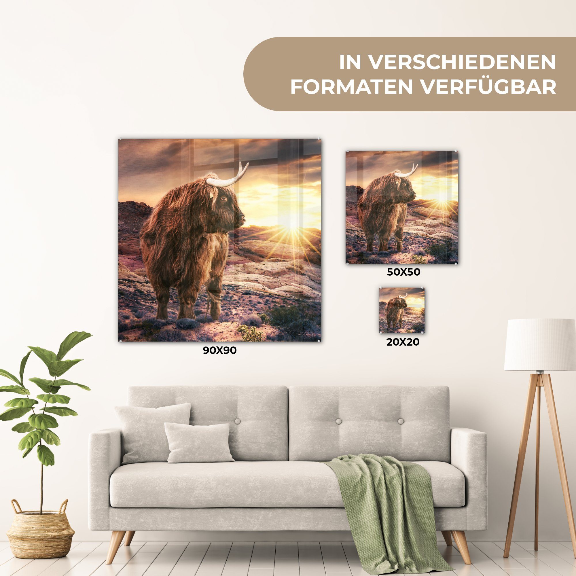 Steine, - - Wanddekoration auf Glasbilder MuchoWow Acrylglasbild Wandbild Glas Glas (1 St), - - Schottischer auf Bilder - Kuh Highlander Foto