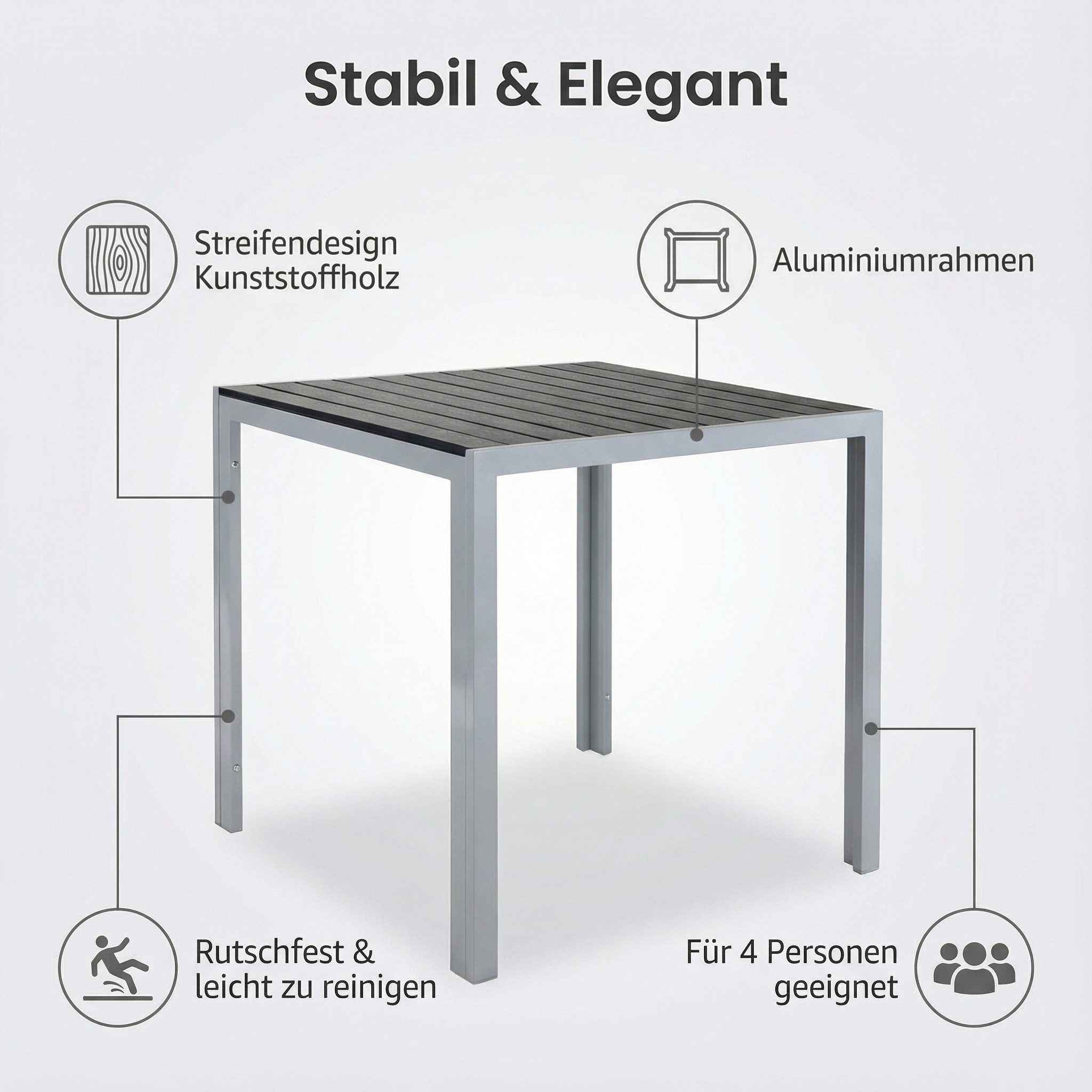 TLGREEN Gartentisch Aluminiumrahmen Quadratisch (75x75cm WPC Balkontisch Wetterfest, Quadratisch Terrassentisch, 1 Tisch), Esstisch Outdoor, Hitze- und Wetterbeständig, rutschfest-schwarz
