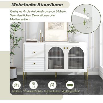 MODFU Sideboard Schrank mit 2 Türen und 2 Schubladen, 120 cm langes weiß-goldenes Sideboard, Anrichte mit Glas