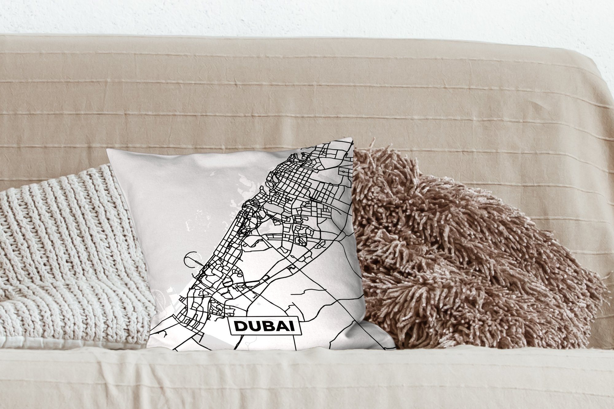Schlafzimmer, Stadtplan - mit und Sofakissen für Karte Füllung Dubai Zierkissen Karte, Dekokissen Wohzimmer, - Schwarz Deko, - - MuchoWow weiß