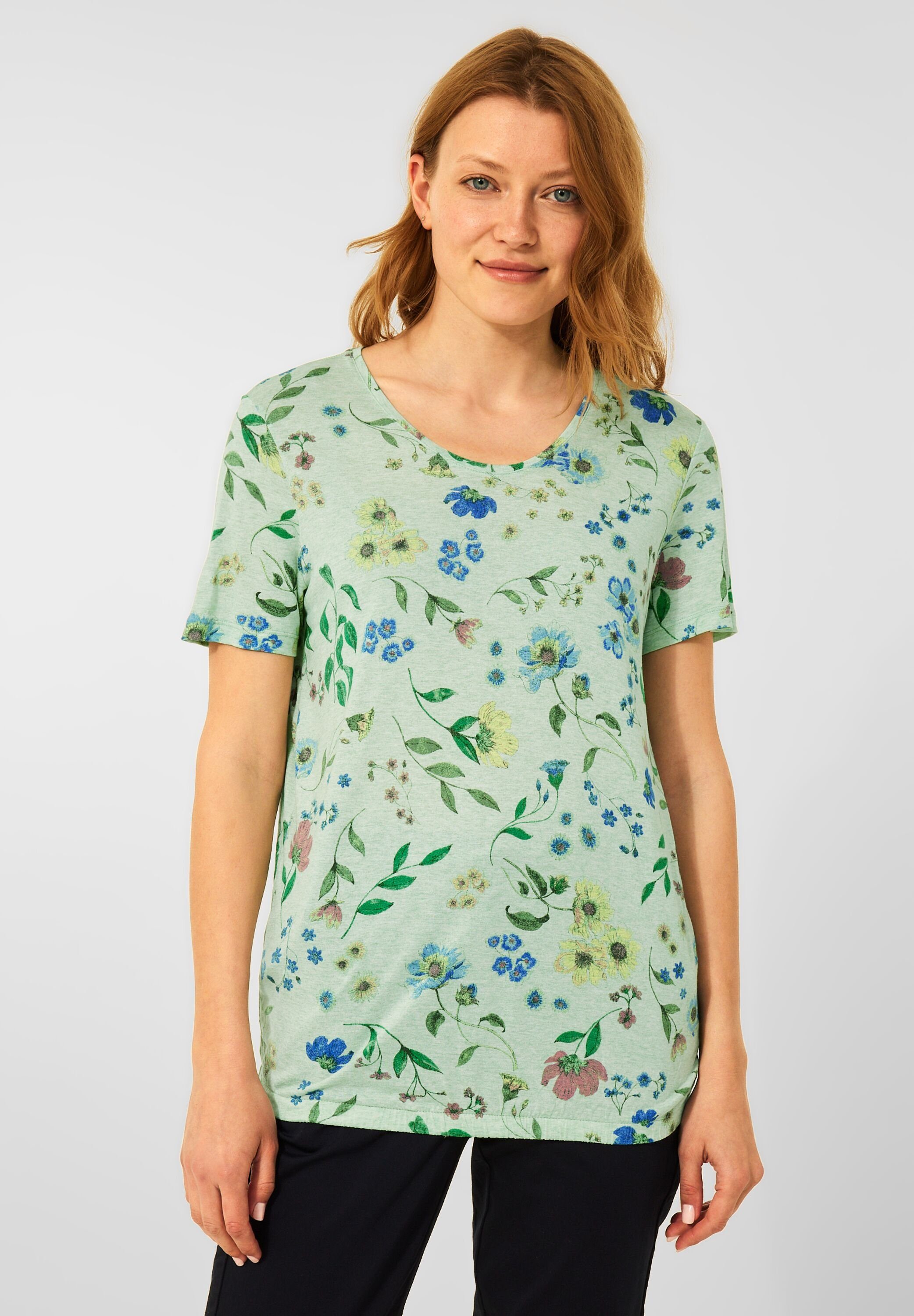 Cecil T-Shirt Cecil Shirt Soft Green in Blumenprint Melange (1-tlg) mit Gummizugsaum