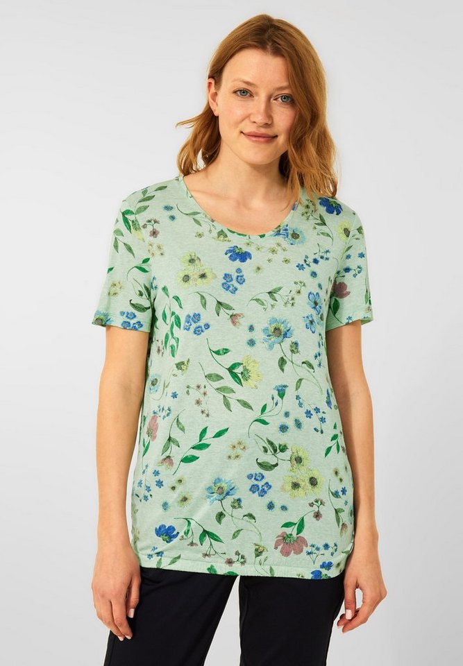 Green Melange (1-tlg) Soft mit T-Shirt Shirt Blumenprint Gummizugsaum Cecil in Cecil