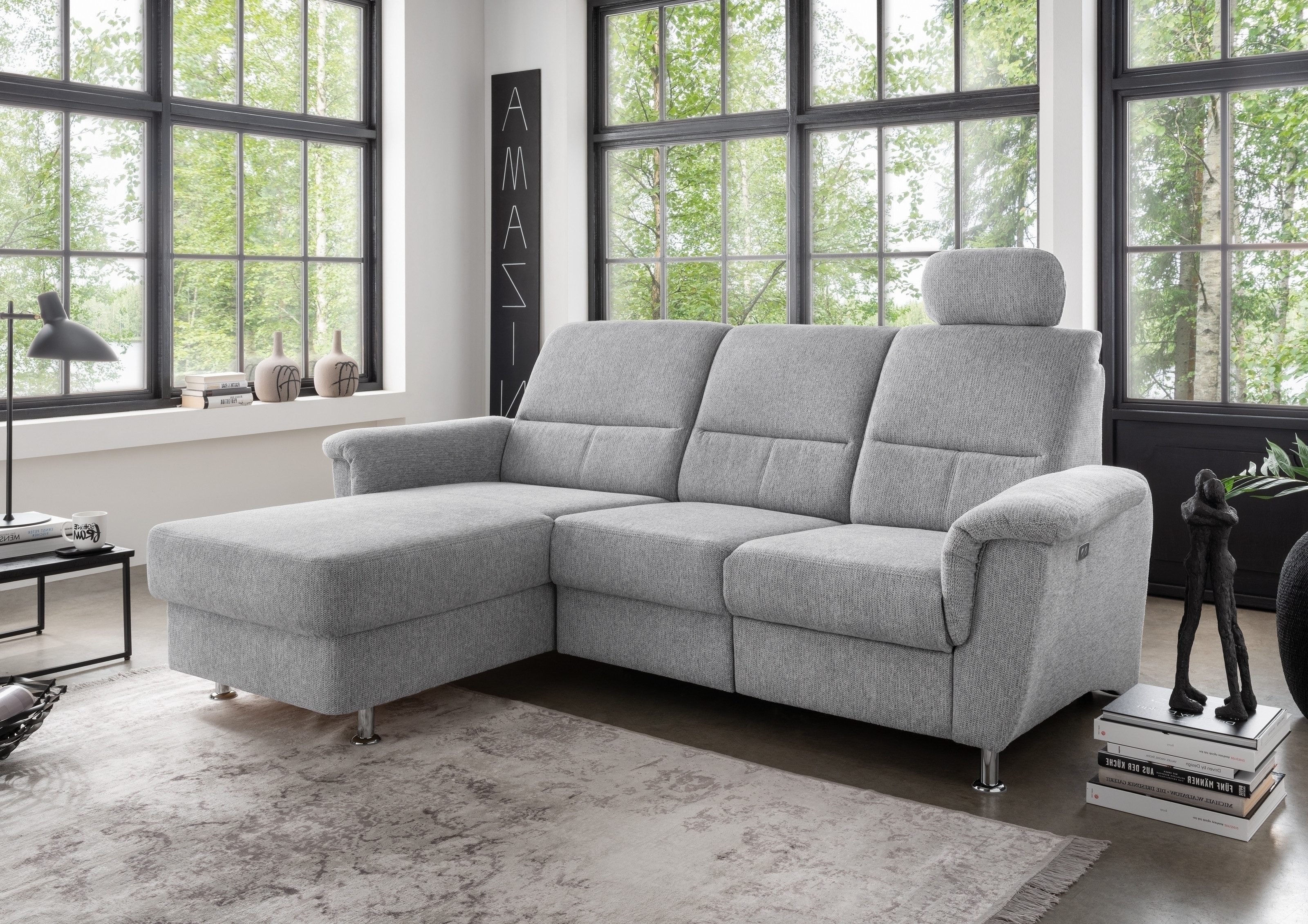 freiraum Ecksofa Ludwigshafen, Motor-funktion, Kopfstütze, Stauraum, silber - 231x113x165 (BxHxT)