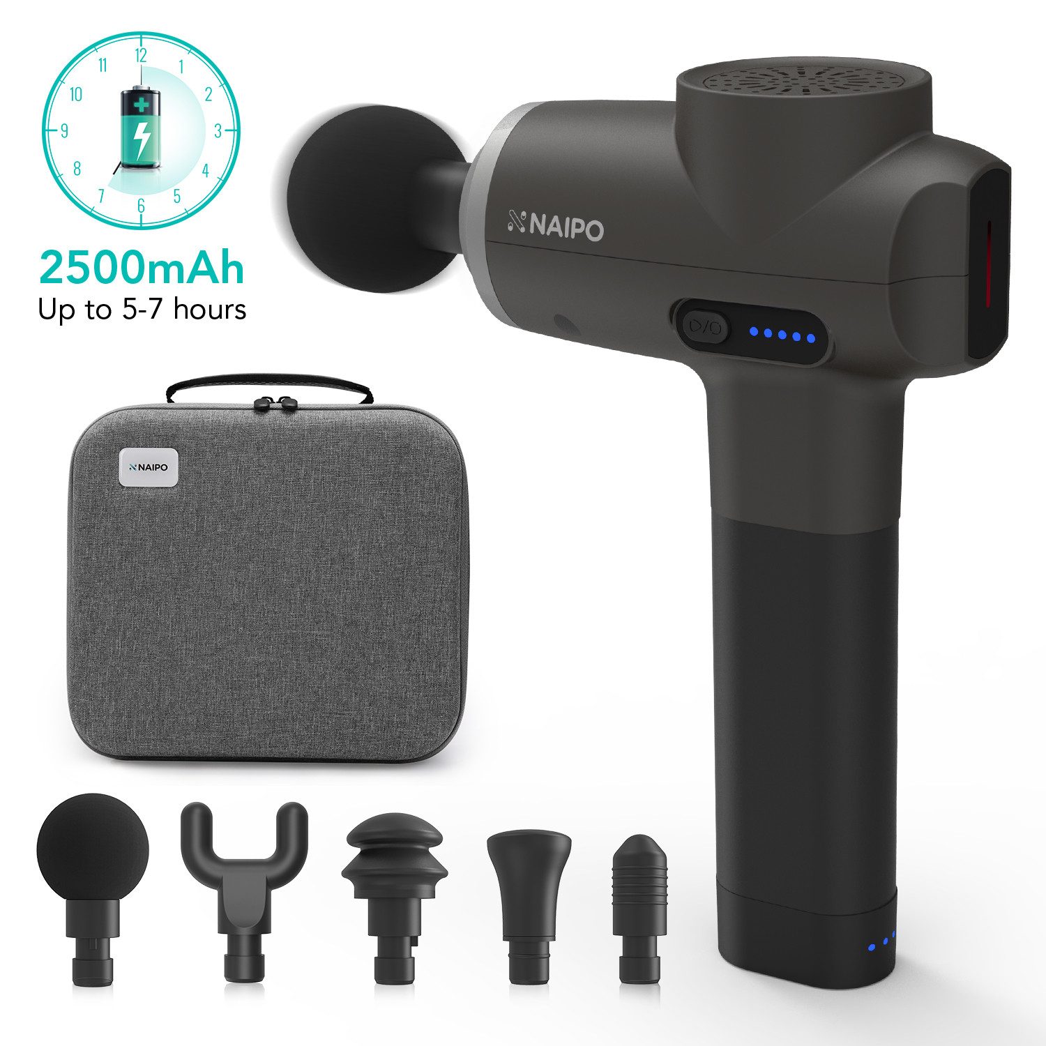 NAIPO Massagepistole, Leistungsstark, 5 Intensitätsstufen, 4 Aufsätze, USB