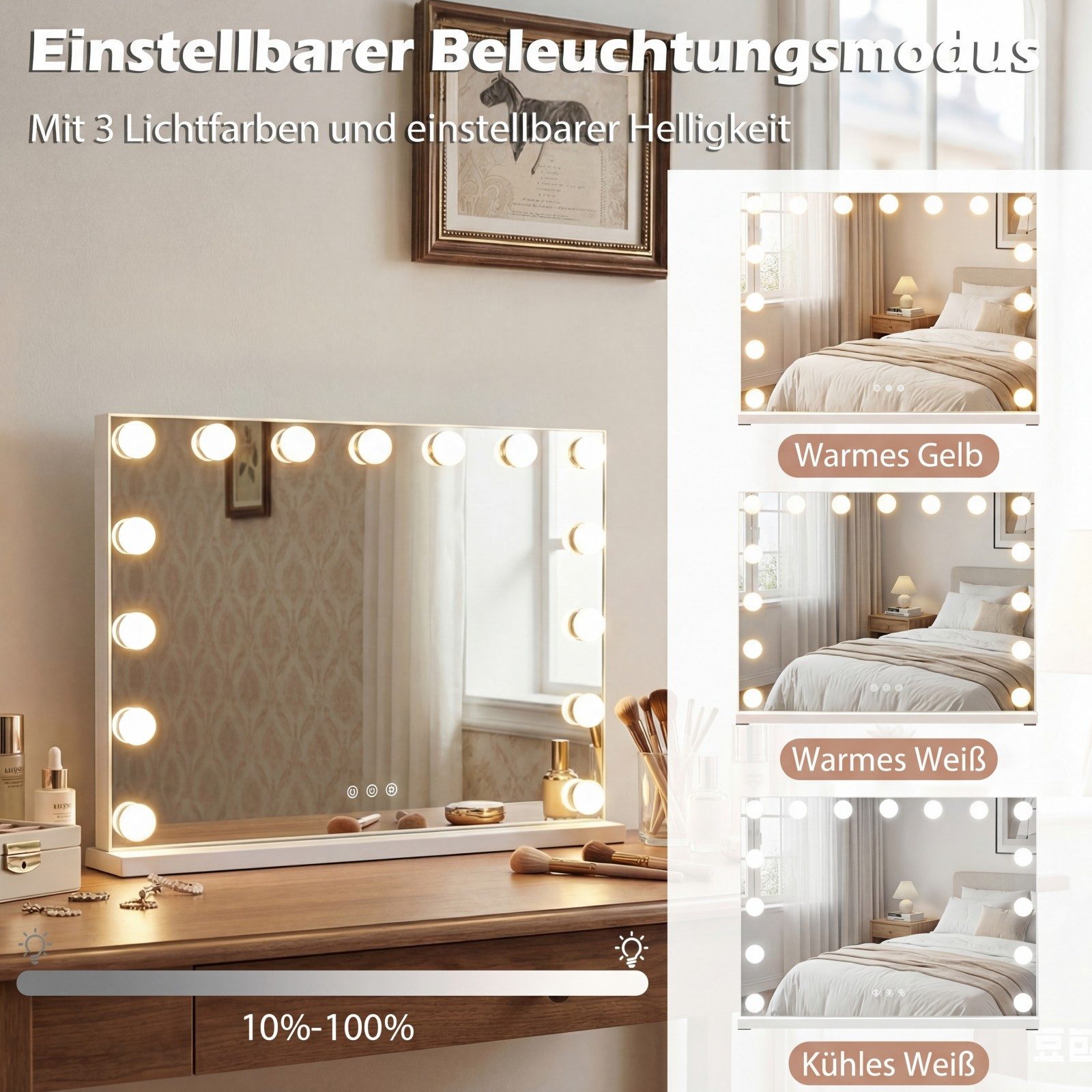 COSTWAY Schminkspiegel (1-St), Hollywood Spiegel mit Licht, 3 Lichtfarben, Einstellbarer Helligkeit