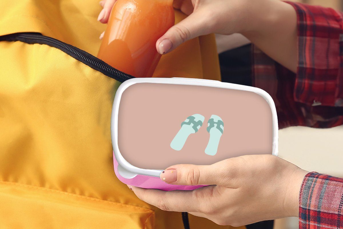 MuchoWow Lunchbox - Pantoffeln für Erwachsene, Brotdose Pastell, Kunststoff Mädchen, - rosa Sommer Kunststoff, Brotbox (2-tlg), Snackbox, Kinder