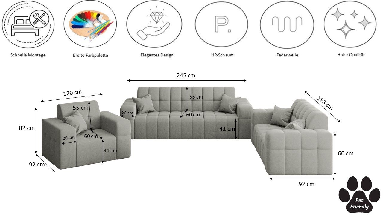 Kaiser Möbel Loungeset Couchgarnitur NIMES - Sofagarnitur 3-2-1, breite Farbpalette, (Sitzgruppe, Couchgarnitur), gesteppte Oberfläche, HR-Schaum, Wellenfeder