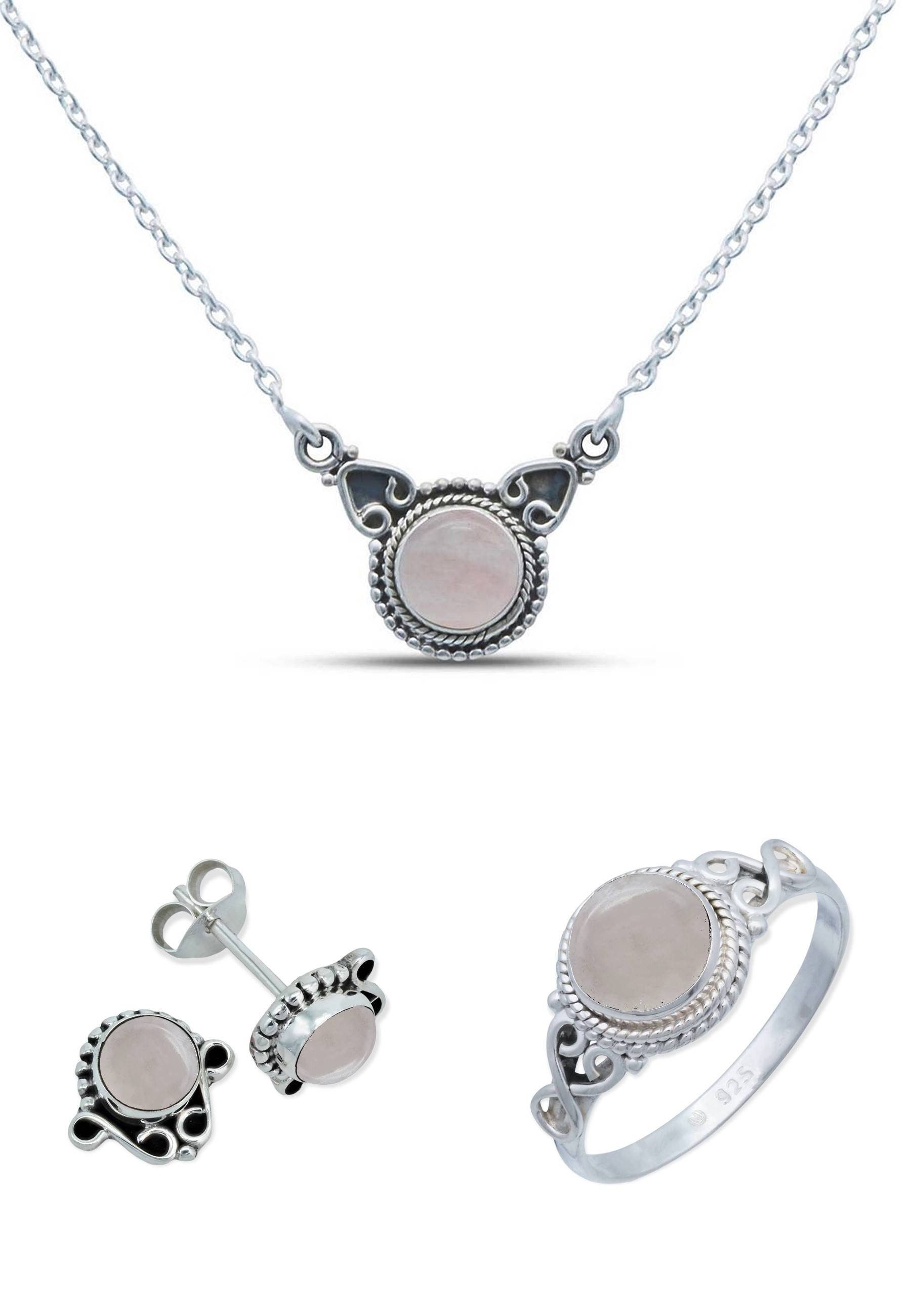 mantraroma Schmuckset 925er Silber mit Rosenquarz (Schmuckset aus 925 Silber) | Schmuck-Sets