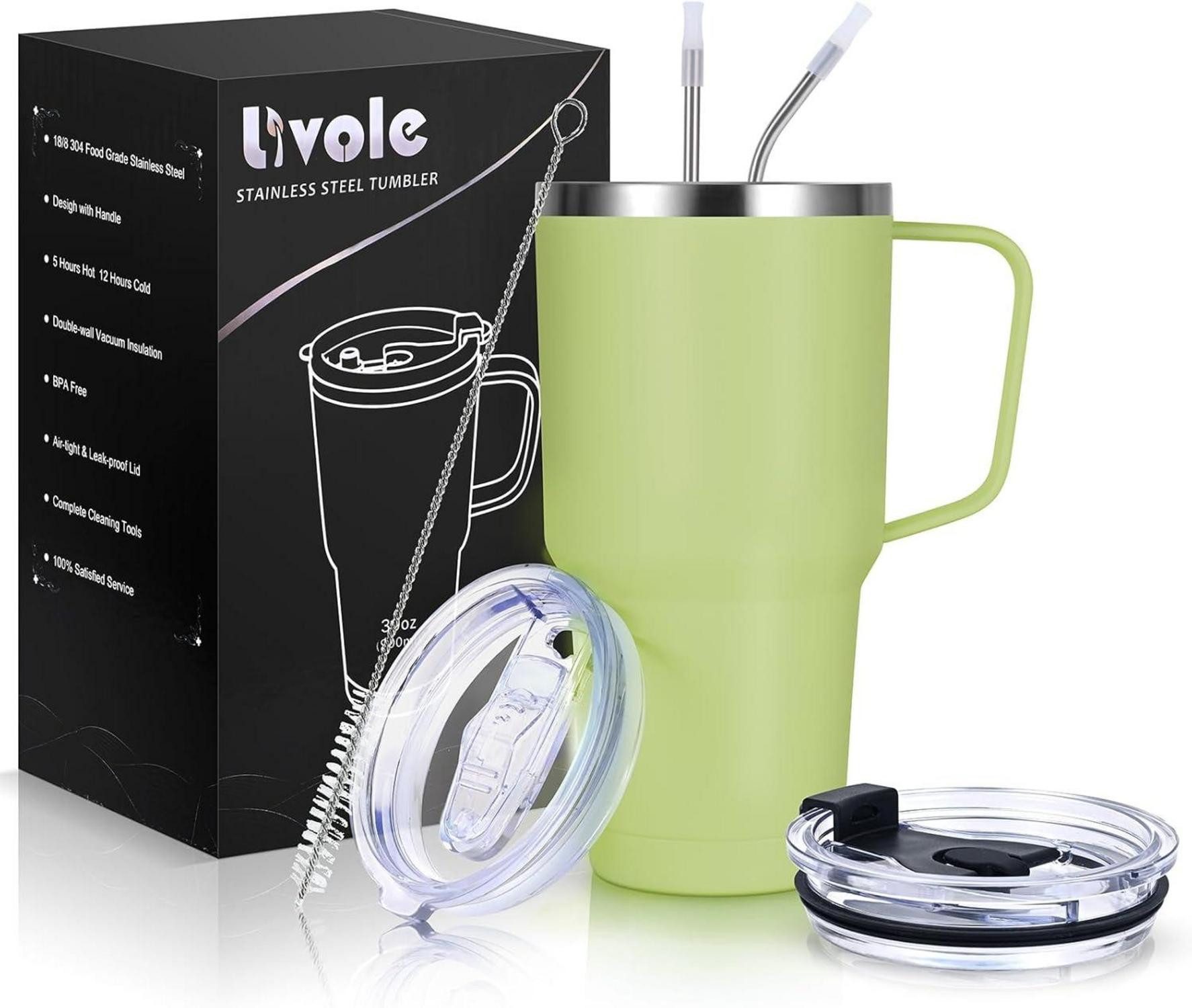 LuxusKollektion Термокружка Термокружка 900ml Edelstahl Isolierter mit Strohhalm, Griff, Hellgrün