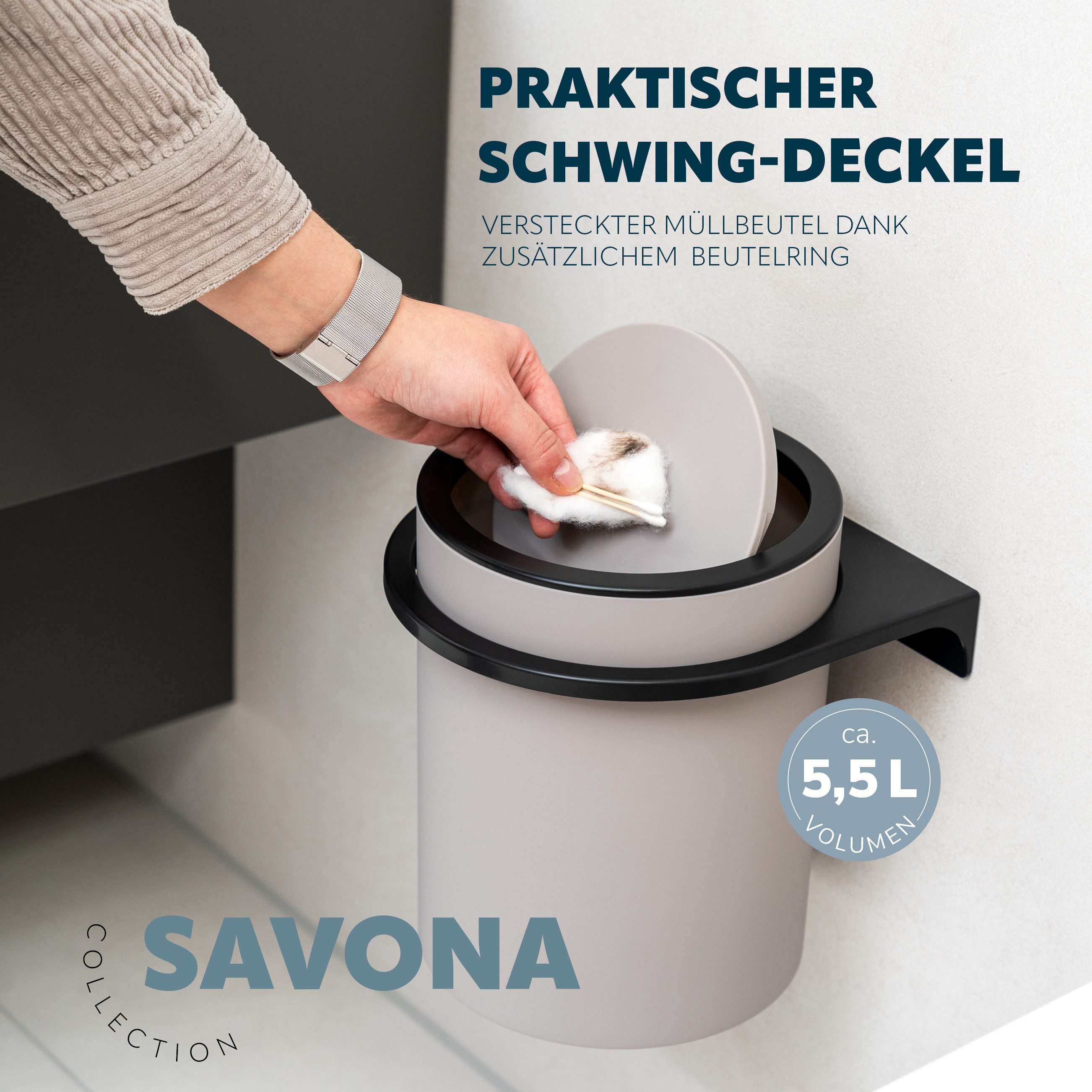 bremermann Kosmetikeimer Badeimer SAVONA inkl. Wandhalterung 5,5 Liter Kunststoff – Bild 5 von 5