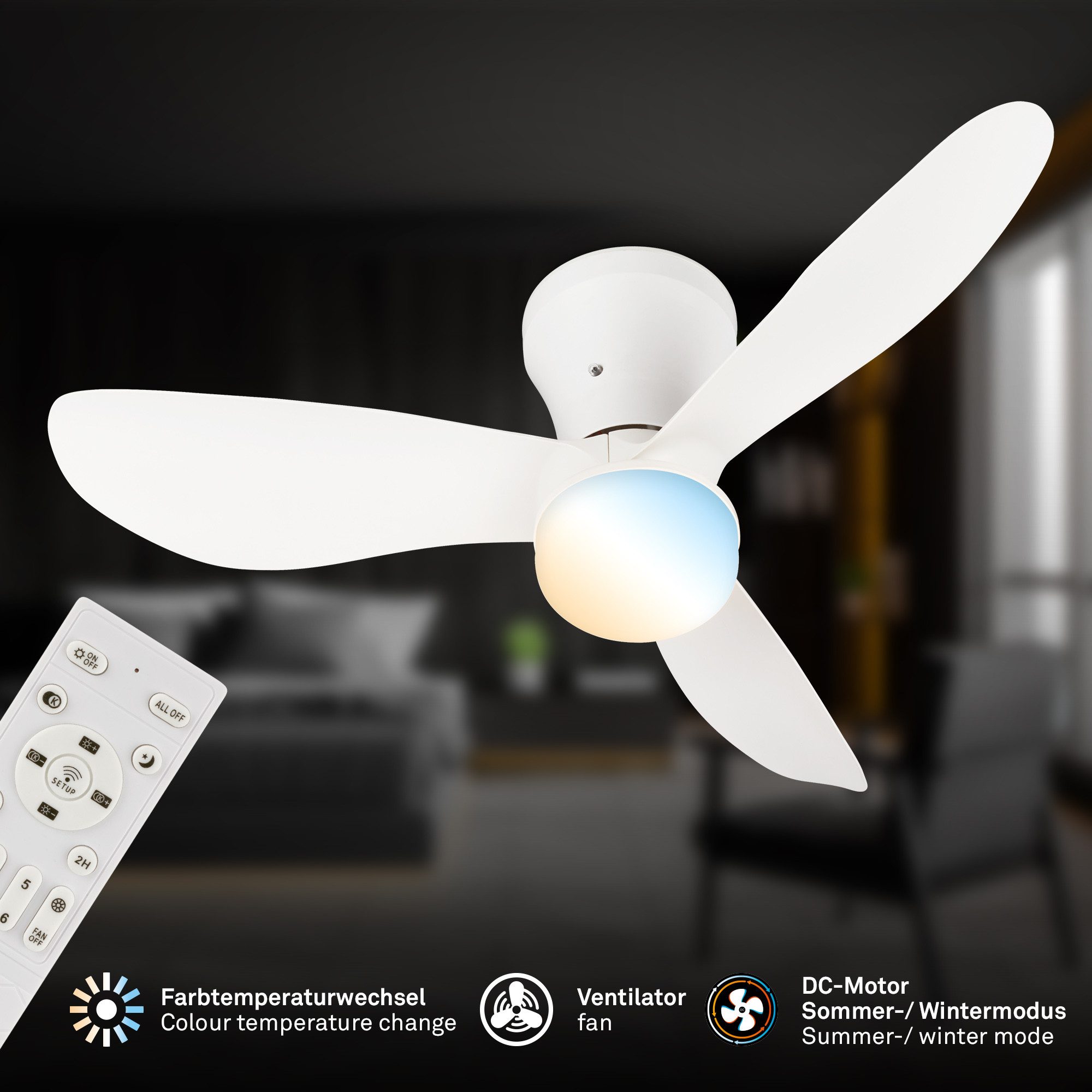 Briloner Leuchten LED Deckenleuchte mit Ventilator dimmbar CCT Deckenventilator mit Licht Schlafzimmer, LED fest integriert, CCT, 3000-6500K, 78x26 cm, Schlafzimmer, Wohnzimmer, Esszimmer, Flur, Küche