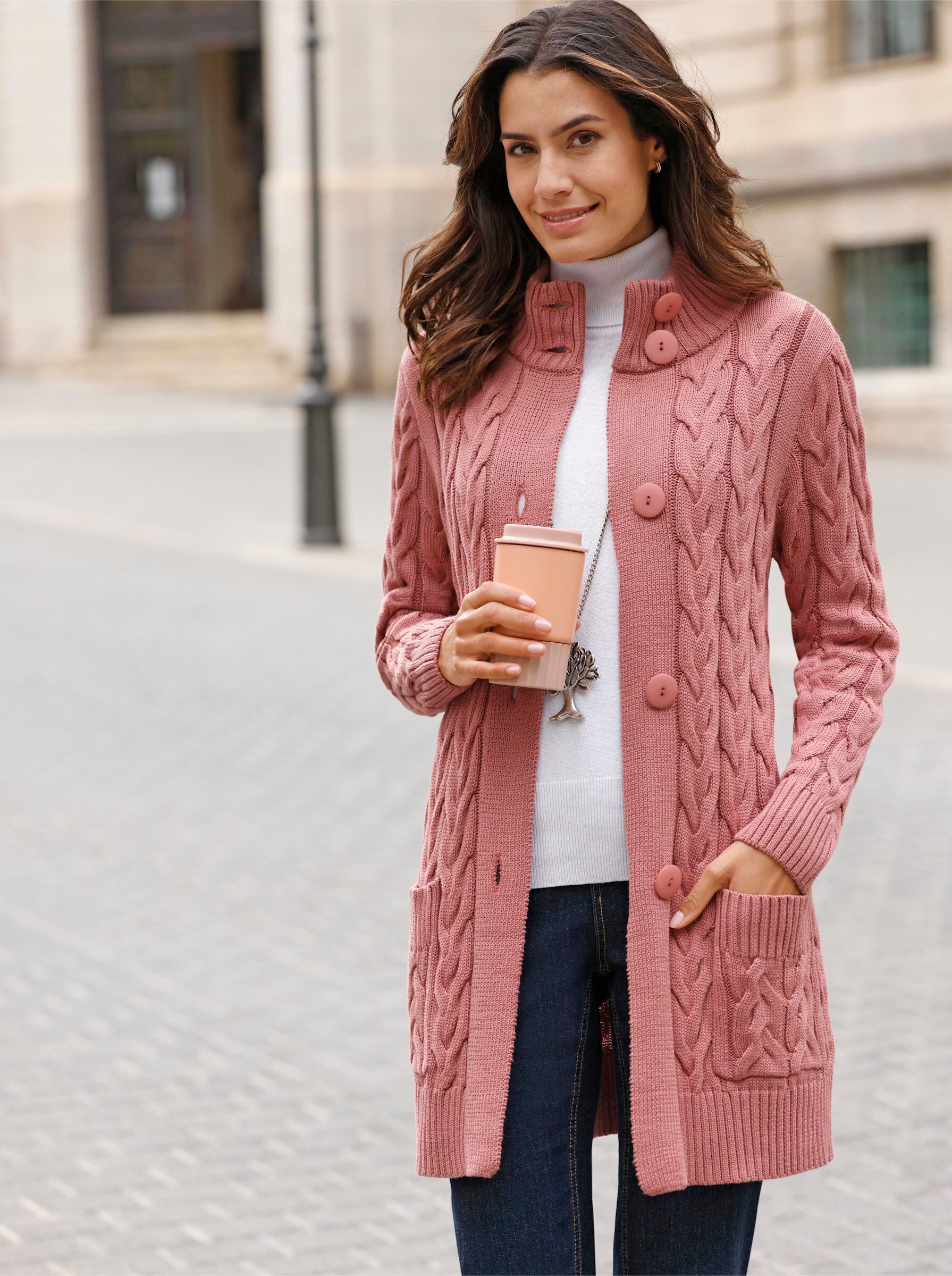 Witt Strickjacke Long-Strickjacke Langarm Zopfmuster