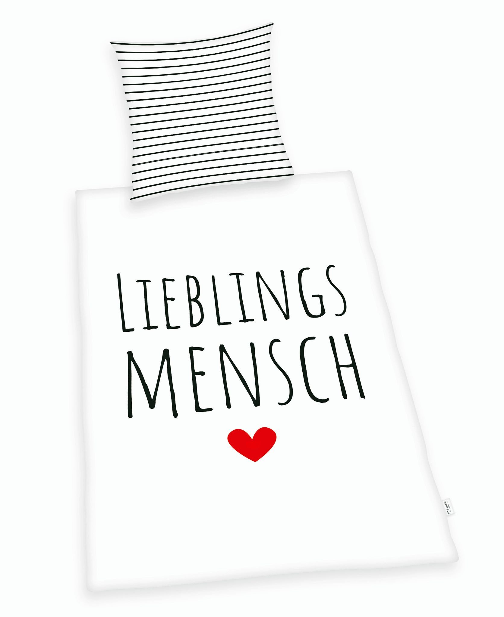 Herding Wendebettwäsche 135x200cm Lieblingsmensch Schriftzug, Renforcé, 2 teilig, Schwarz Weiß gestreift mit rotem Herz, Reißverschluss