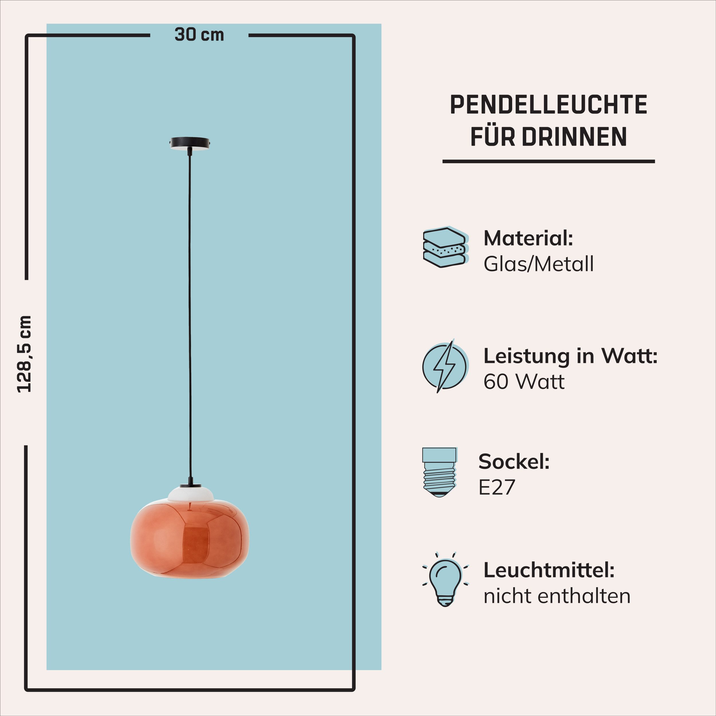 Lightbox Pendelleuchte, ohne Leuchtmittel, Hängelampe, Ø 30 cm, 128,5 cm Höhe, E27, max. 60 W, Glas/Metall