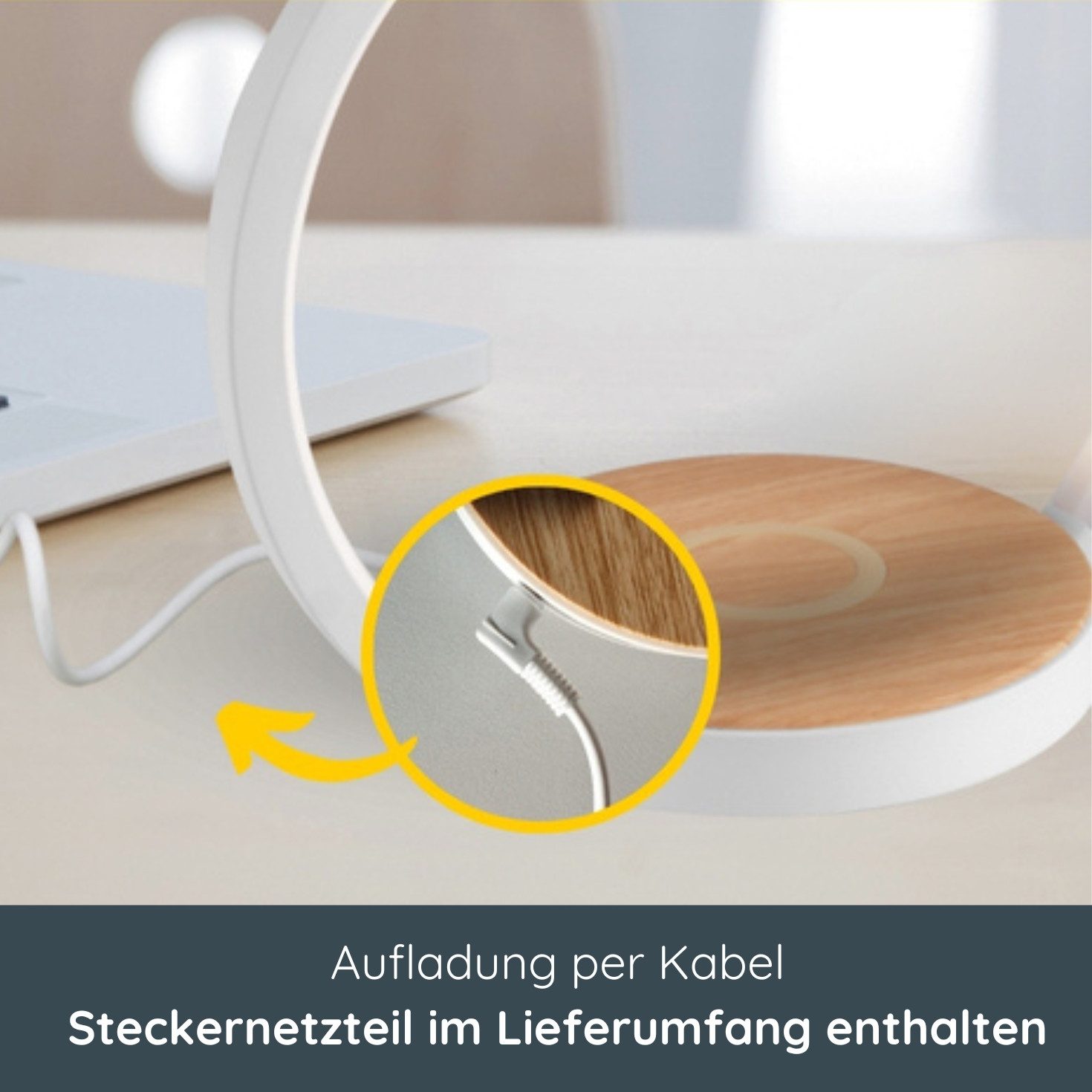 MeLiTec LED Tischleuchte LightBase QI, warmweiß, induktives Laden, Nachttischlampe modern, warmweiß, Ring, weiß/Holz