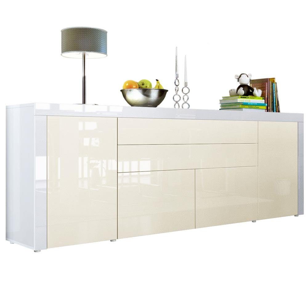 Vladon Sideboard La Paz (Kommode, mit 2 Türen, 2 Schubkästen und 2 Klappen), Creme Hochglanz/Weiß Hochglanz (200 x 72 x 35 cm)