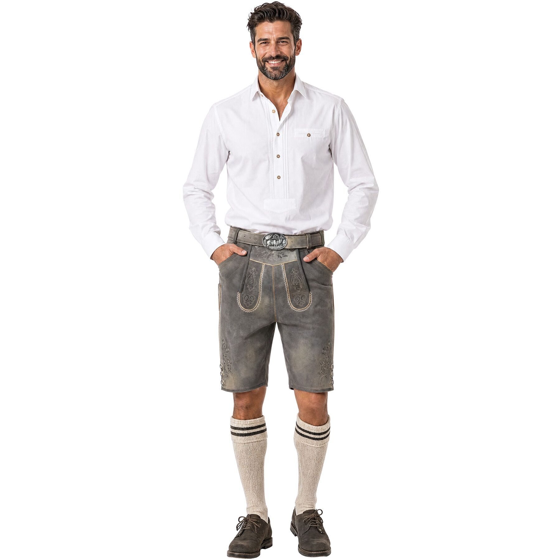 dressforfun Trachtenhose Kurze Herren-Lederhose mit traditionellen Strickereien, hochwertig (Herrenhose Joshua, für Volksfeste in Sandfarben) langlebig, echte K – Bild 4 von 5
