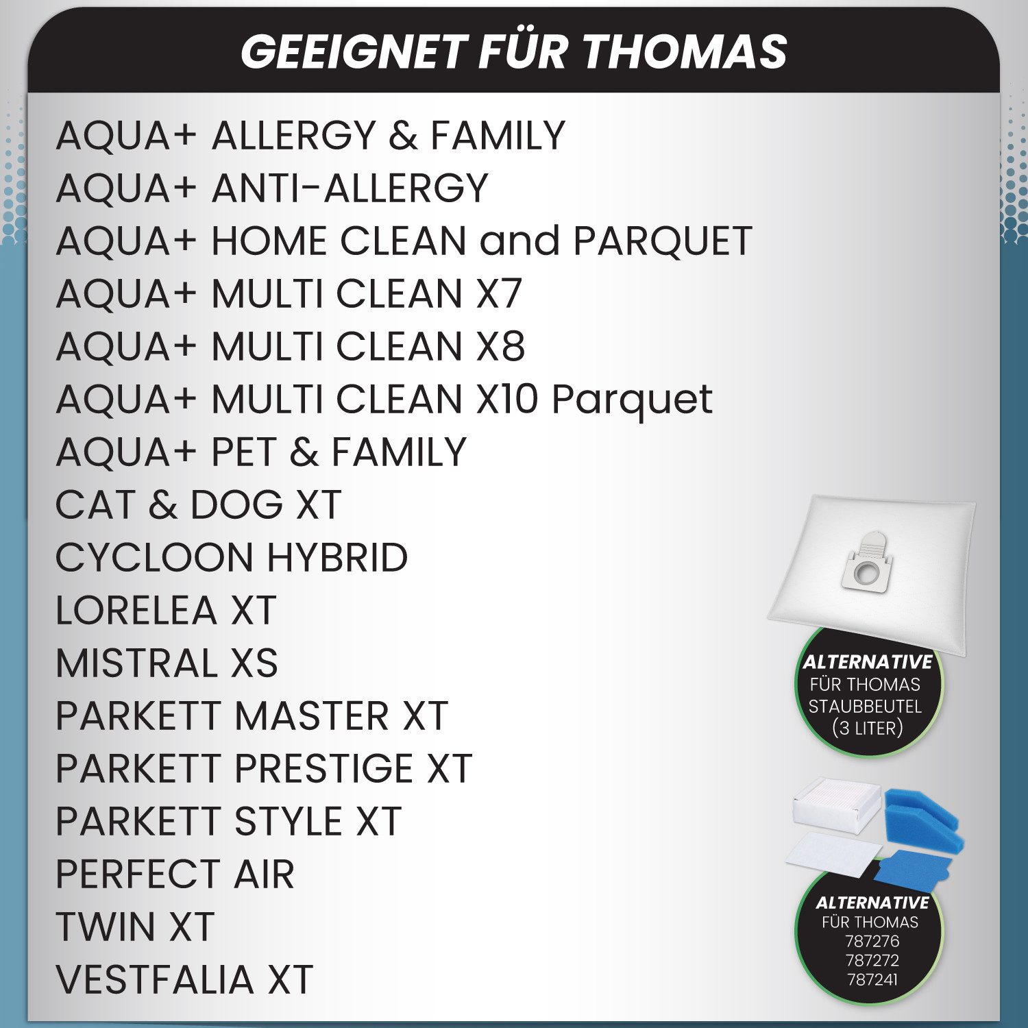 McFilter Staubsaugerbeutel 10 Stück + 5-teiliges Filterset, passend für Thomas Staubsauger Pet & Family AQUA+, Perfect Air, Parkett XT, Allergy & Family AQUA+, Anti Allergy AQUA+, Cat & Dog XT, Home Clean & Parquet AQUA+, 15 St., mit Hygieneverschluss, Alternative für Filterset 99 (787241)