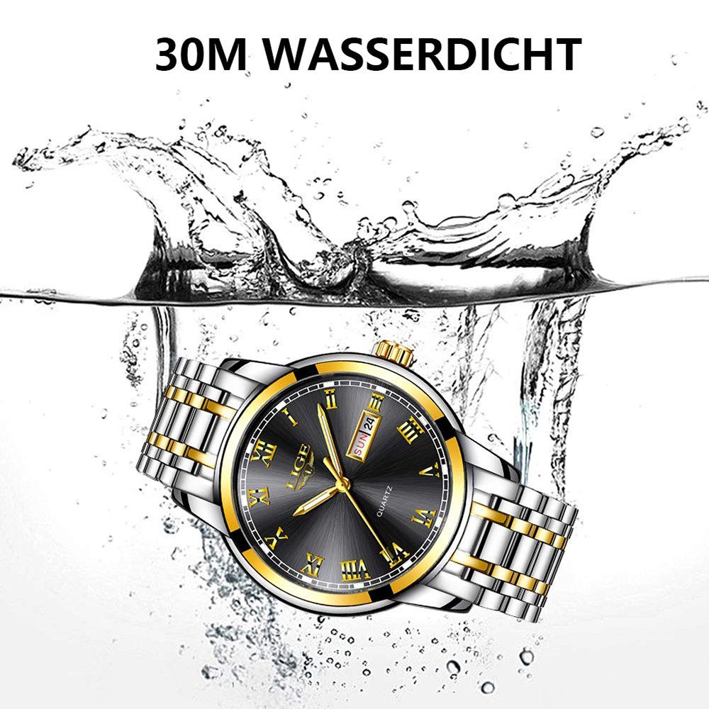 GelldG Uhr Mode Sportuhr Wasserdicht Uhrenarmband Gold, Uhren Business Schwarz mit Quarz analog