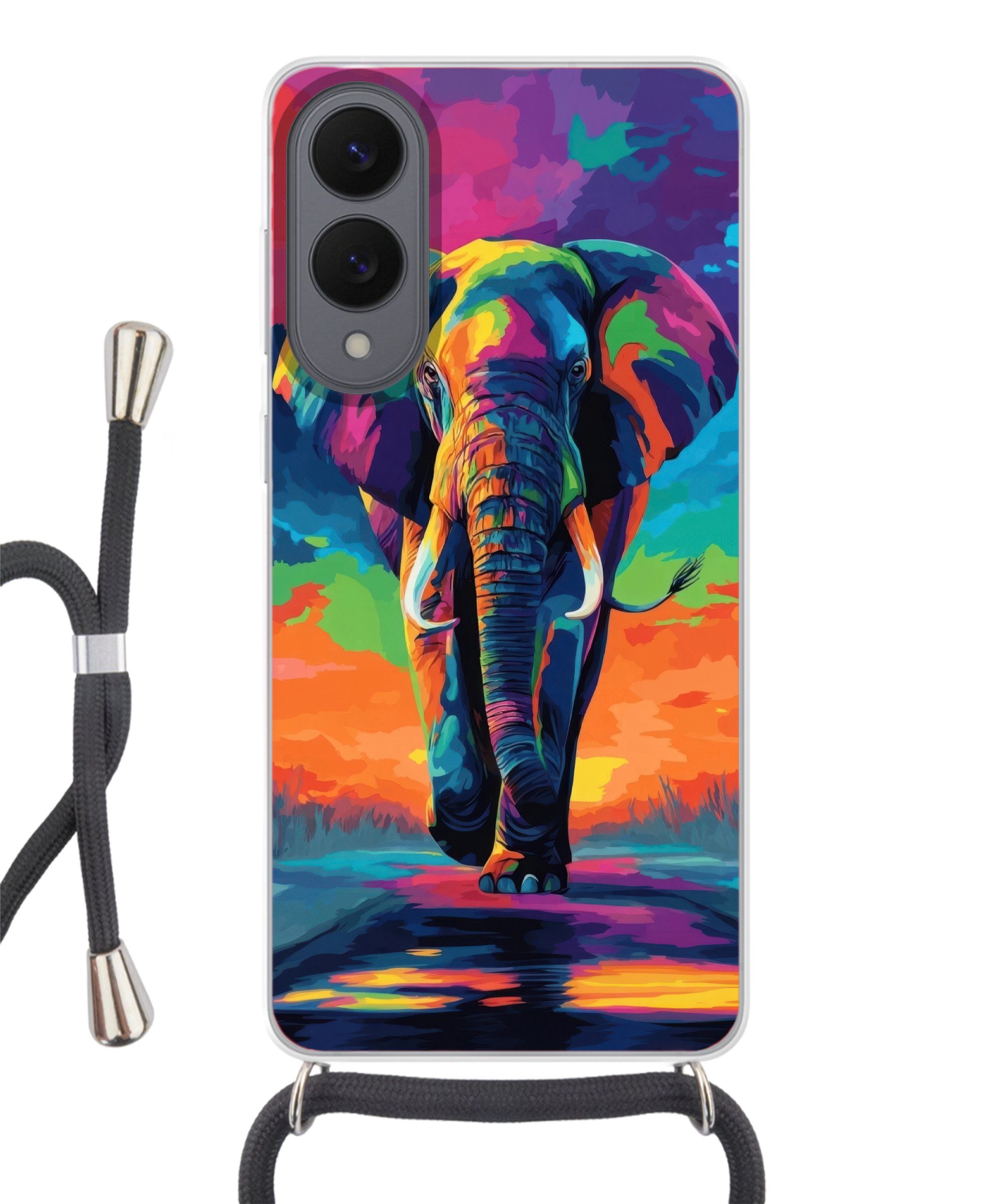 MuchoWow Handyhülle für Samsung Galaxy S25 Edge Elefant - Bunt - Himmel - Abstrakt, Tragbare Handyhüllen mit Kette zum umhängen, Handykette Handyband
