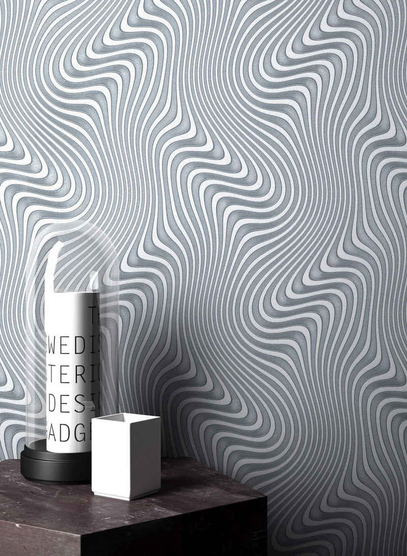 Newroom Vliestapete, Grau Tapete Grafisch Leicht Glänzend - Mustertapete Grafiktapete Anthrazit Silber Geometrisch Modern Illusion Linien für Wohnzimmer Schlafzimmer Küche