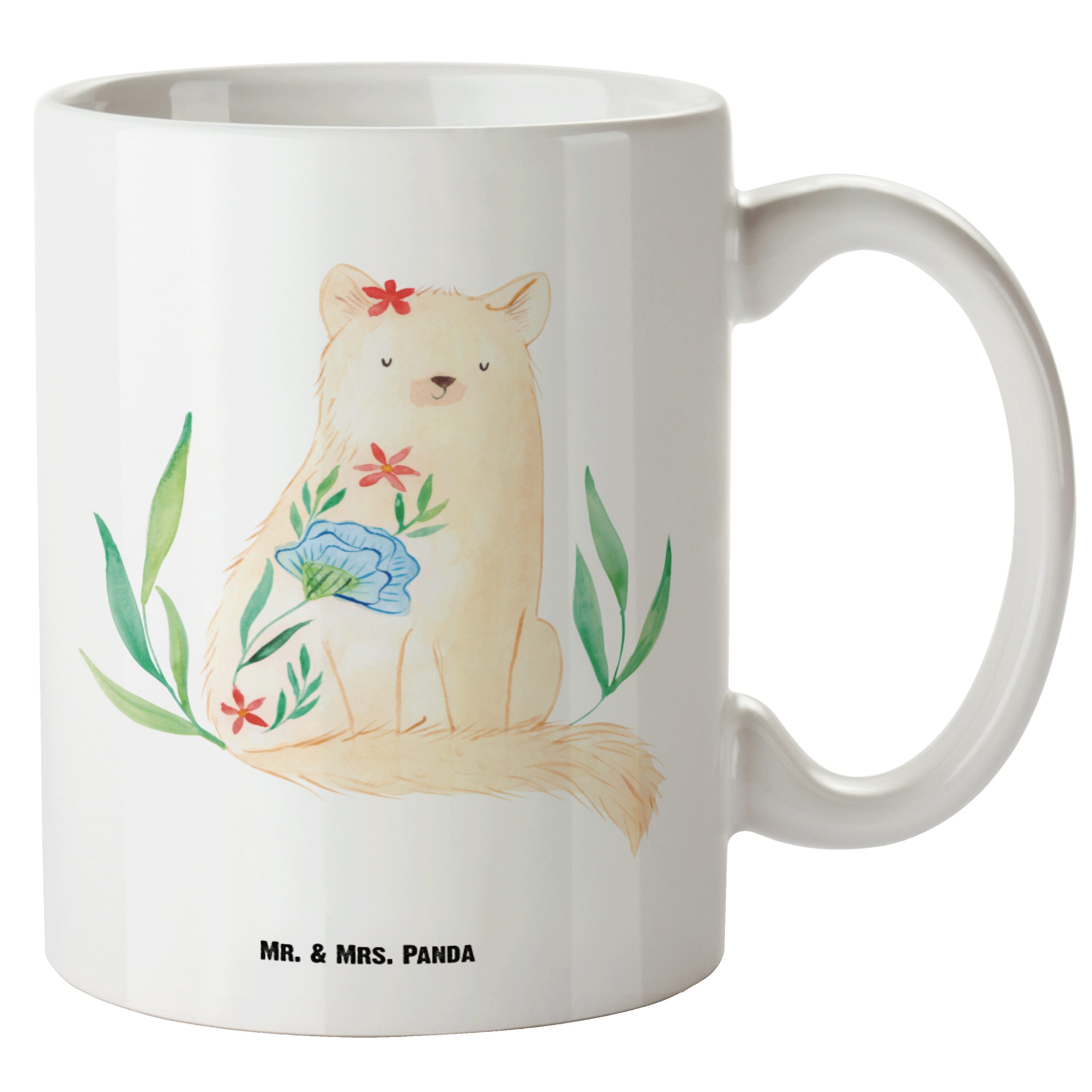 Mr. & Mrs. Panda Tasse Katze Blumen - Weiß - Geschenk, spülmaschinenfest, XL Becher, Groß, S, XL Tasse Keramik