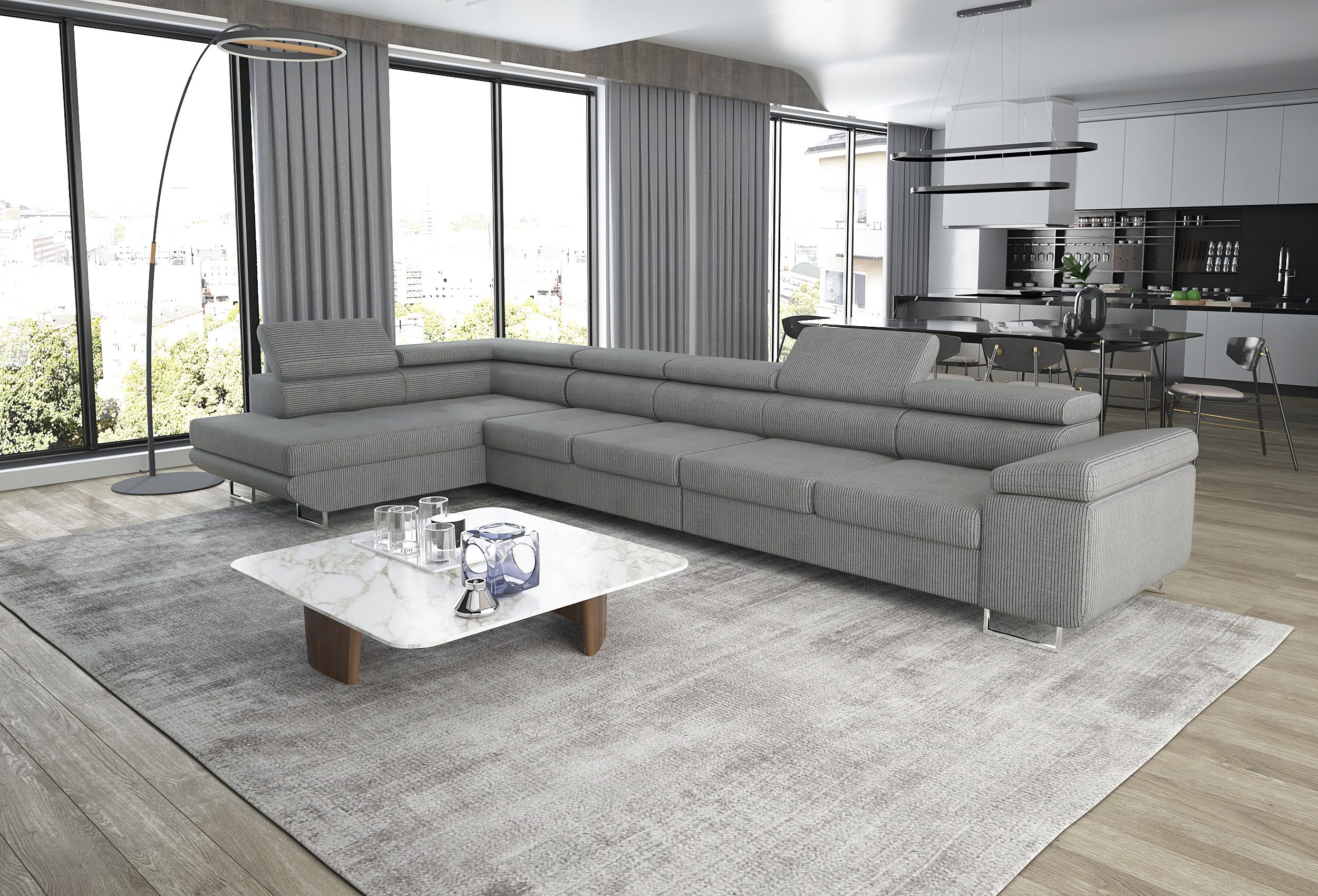 thematys Ecksofa ASTON MAXI 405 x 203cm mit Schlaffunktion & Bettkasten –, L-Sofa mit 5 verstellbaren Kopfstützen, Samt (Monolith), Cord (Poso) - L-Form, XL-Wohnlandschaft, 405 cm breit