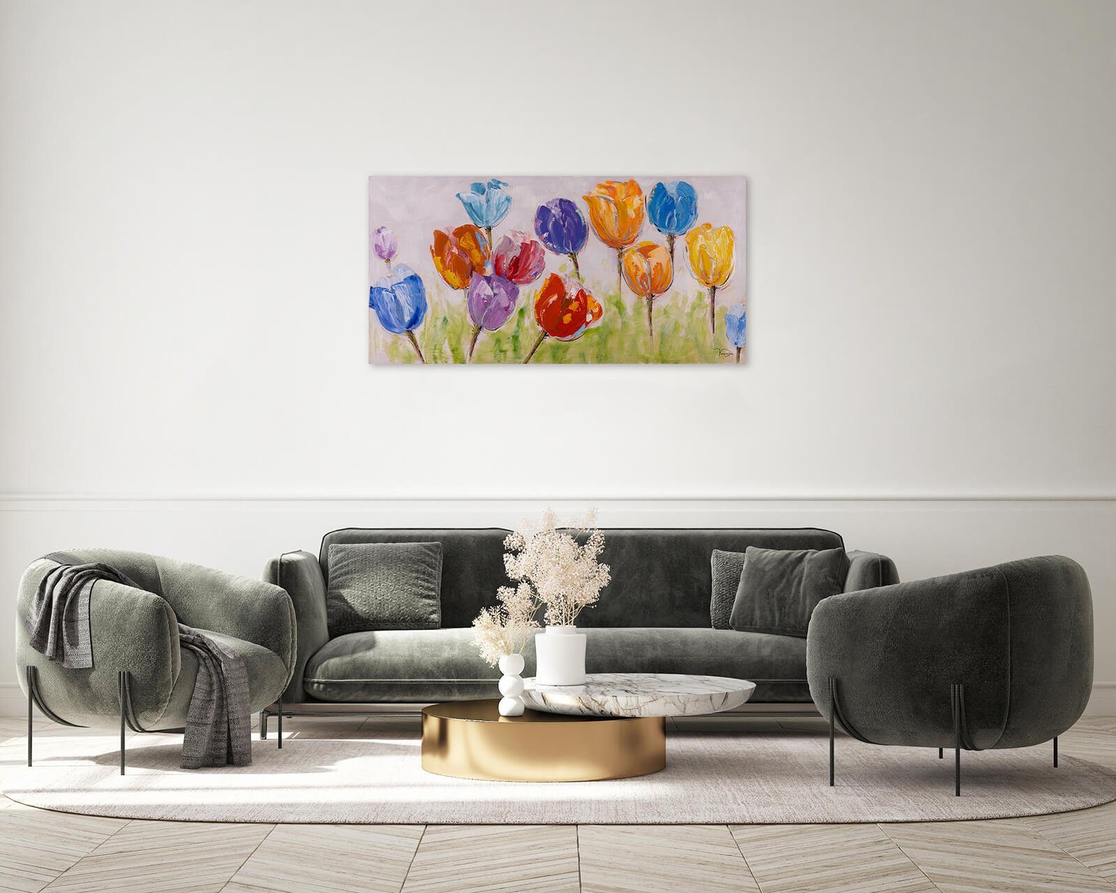 KUNSTLOFT Gemälde Flowers of Joy 120x60 cm, Leinwandbild 100% HANDGEMALT Wandbild Wohnzimmer