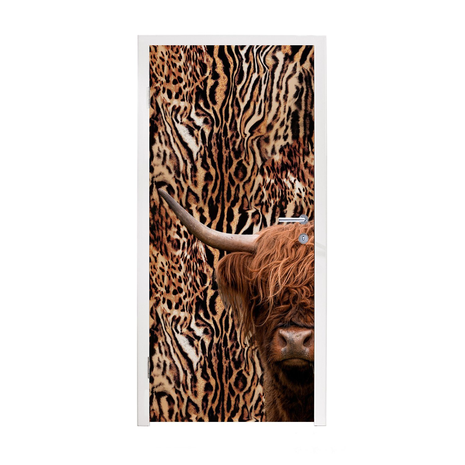 MuchoWow Türtapete Schottischer Highlander - Kuh - Pantherdruck, Matt, bedruckt, (1 St), Fototapete für Tür, Türaufkleber, 75x205 cm