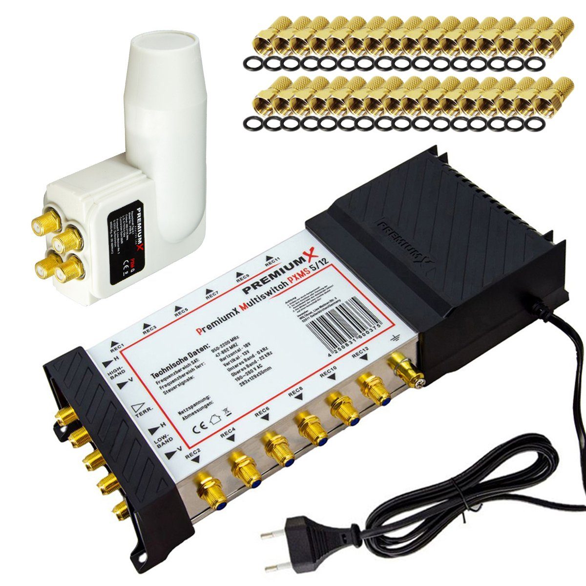 PremiumX SAT-Multischalter Multischalter Set 5/12 SAT Multifeed Quattro LNB 32x F-Stecker